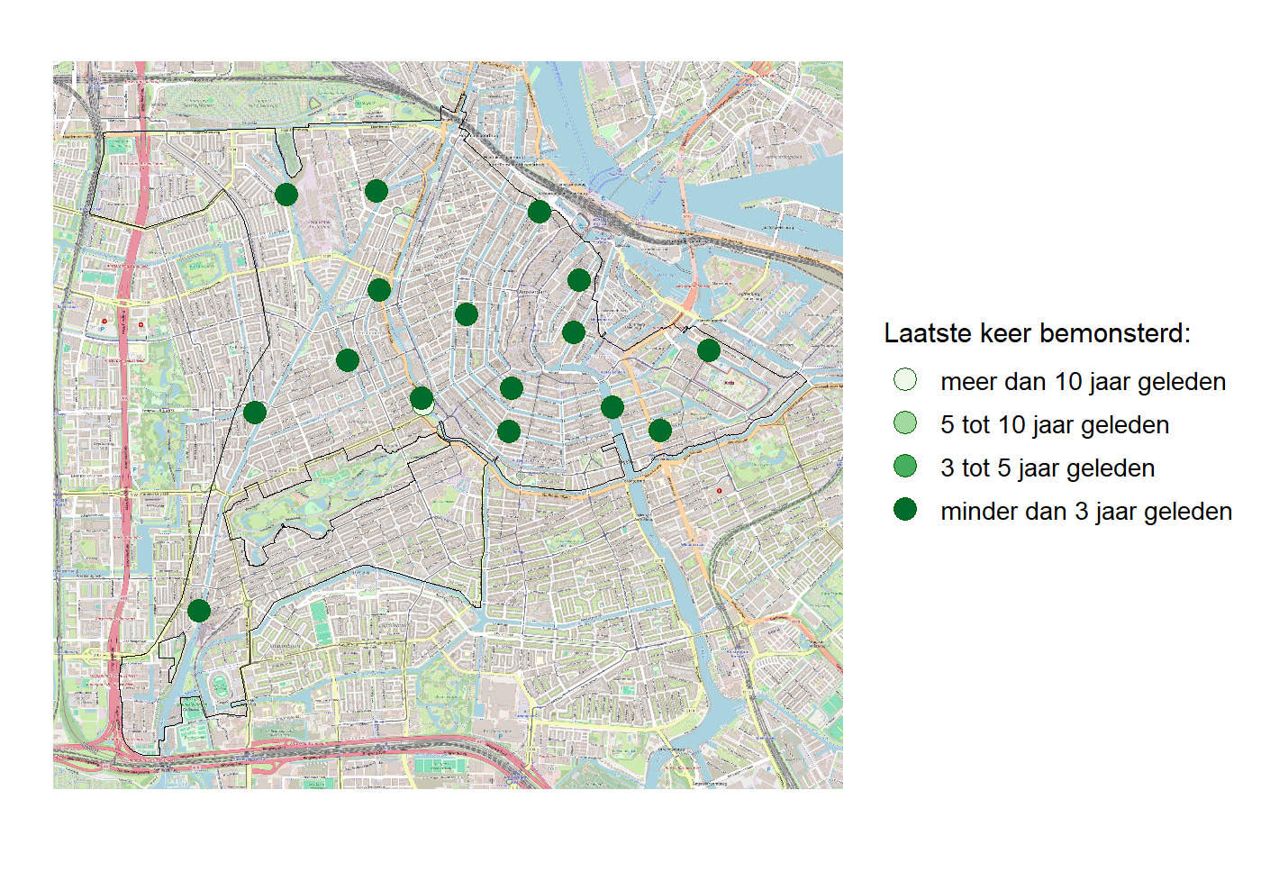 Kaart met meetlocaties waar waterplanten worden gemeten (groene stippen). Het laatste meetjaar waarin een locatie is bemonsterd is weergegeven in verschillende tinten groen.