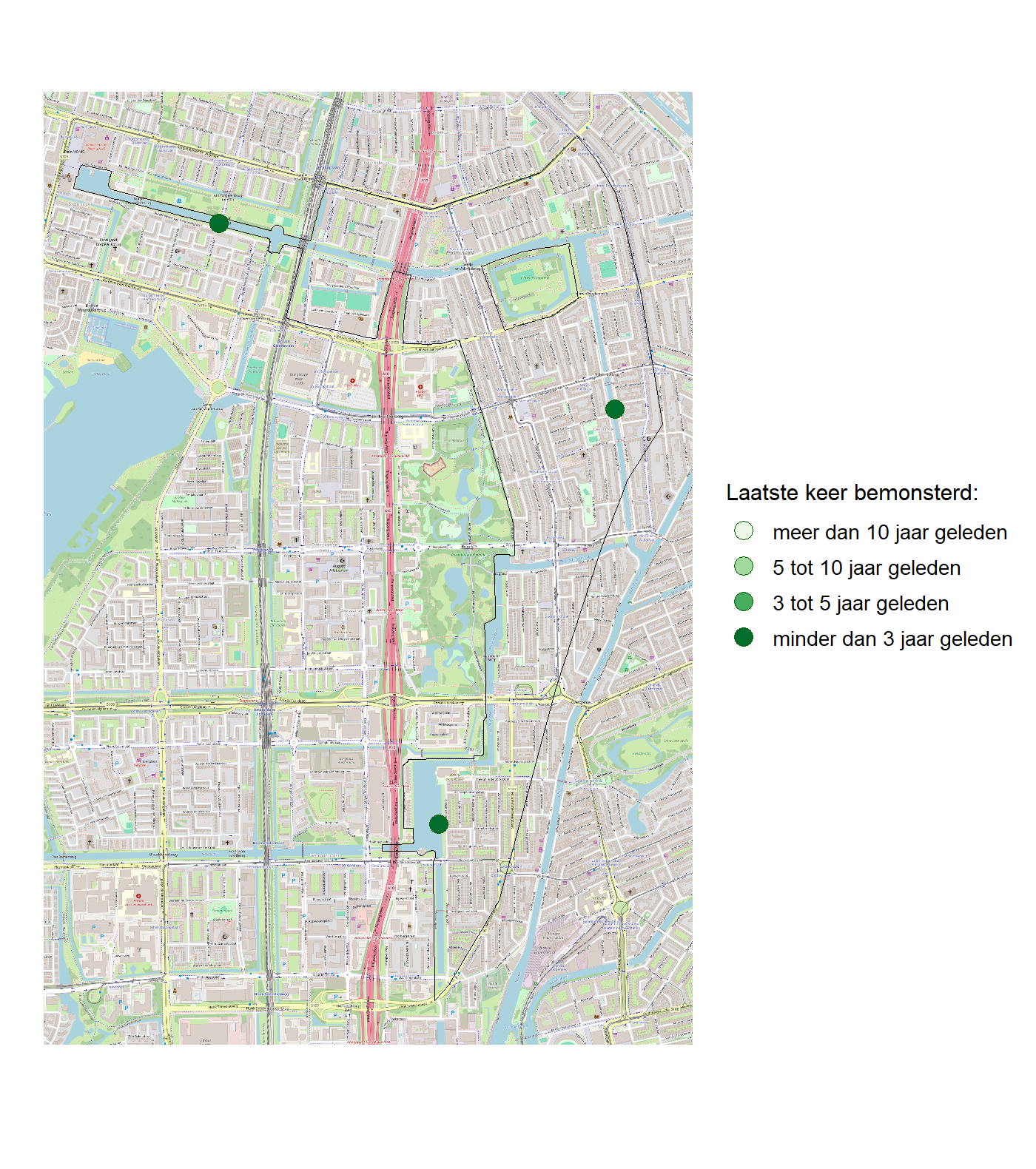 Kaart met meetlocaties waar waterplanten worden gemeten (groene stippen). Het laatste meetjaar waarin een locatie is bemonsterd is weergegeven in verschillende tinten groen.