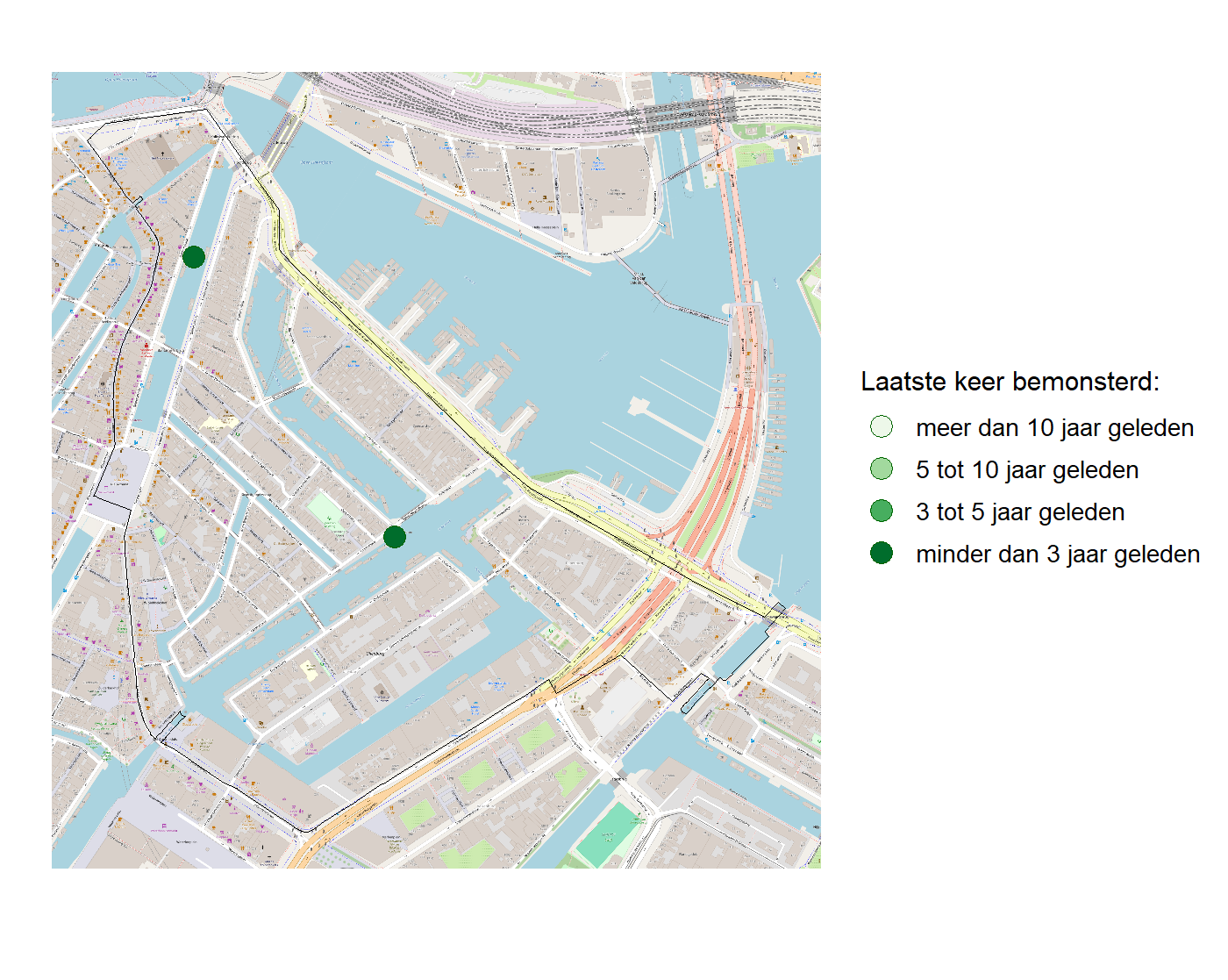 Kaart met meetlocaties waar waterplanten worden gemeten (groene stippen). Het laatste meetjaar waarin een locatie is bemonsterd is weergegeven in verschillende tinten groen.