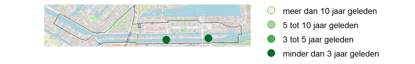 Kaart met meetlocaties waar waterplanten worden gemeten (groene stippen). Het laatste meetjaar waarin een locatie is bemonsterd is weergegeven in verschillende tinten groen.