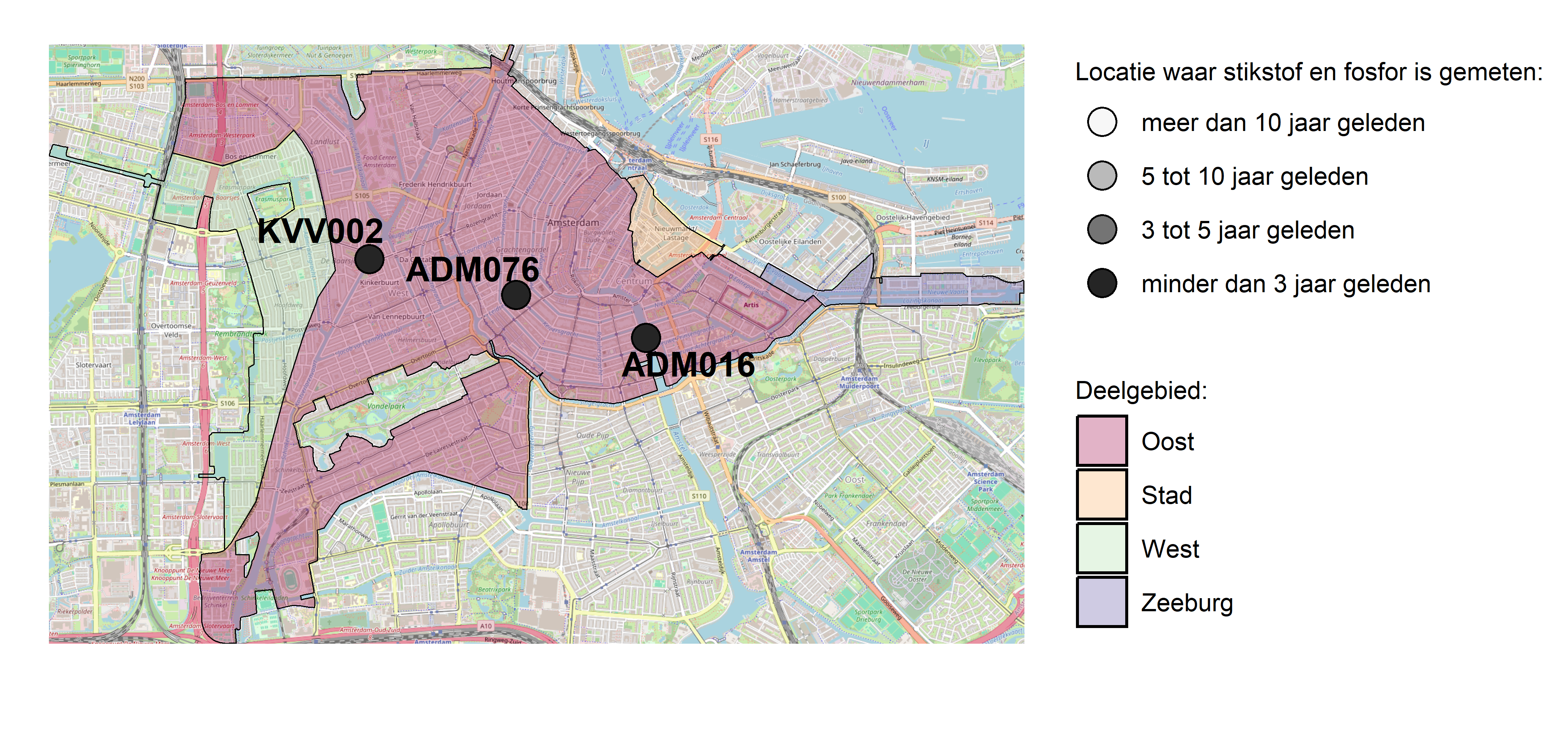 Figure 1: Kaart met meetlocaties waar stikstof en fosfor zijn gemeten. Het laatste meetjaar waarin een locatie is bemonsterd, is weergegeven in verschillende tinten grijs.