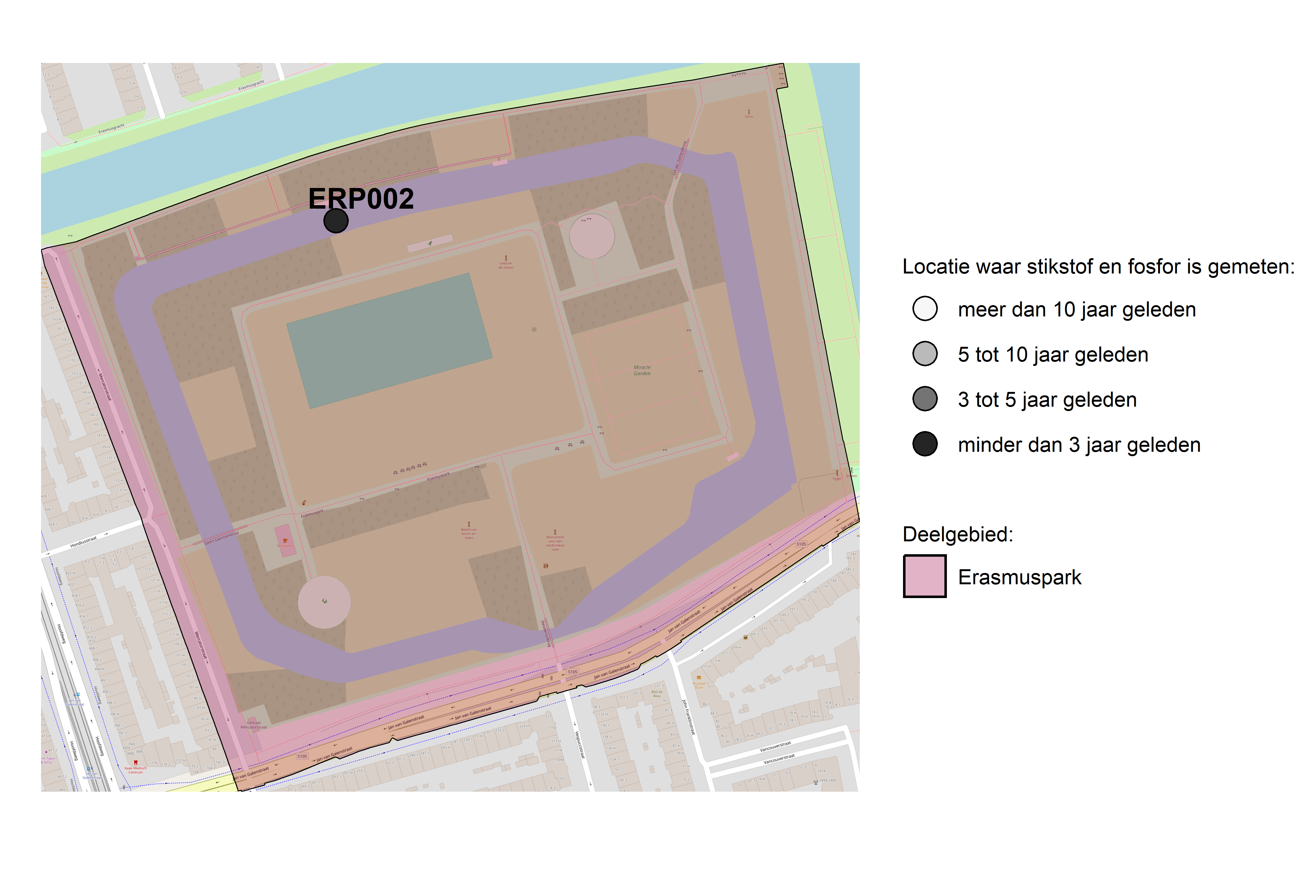 Figure 1: Kaart met meetlocaties waar stikstof en fosfor zijn gemeten. Het laatste meetjaar waarin een locatie is bemonsterd, is weergegeven in verschillende tinten grijs.