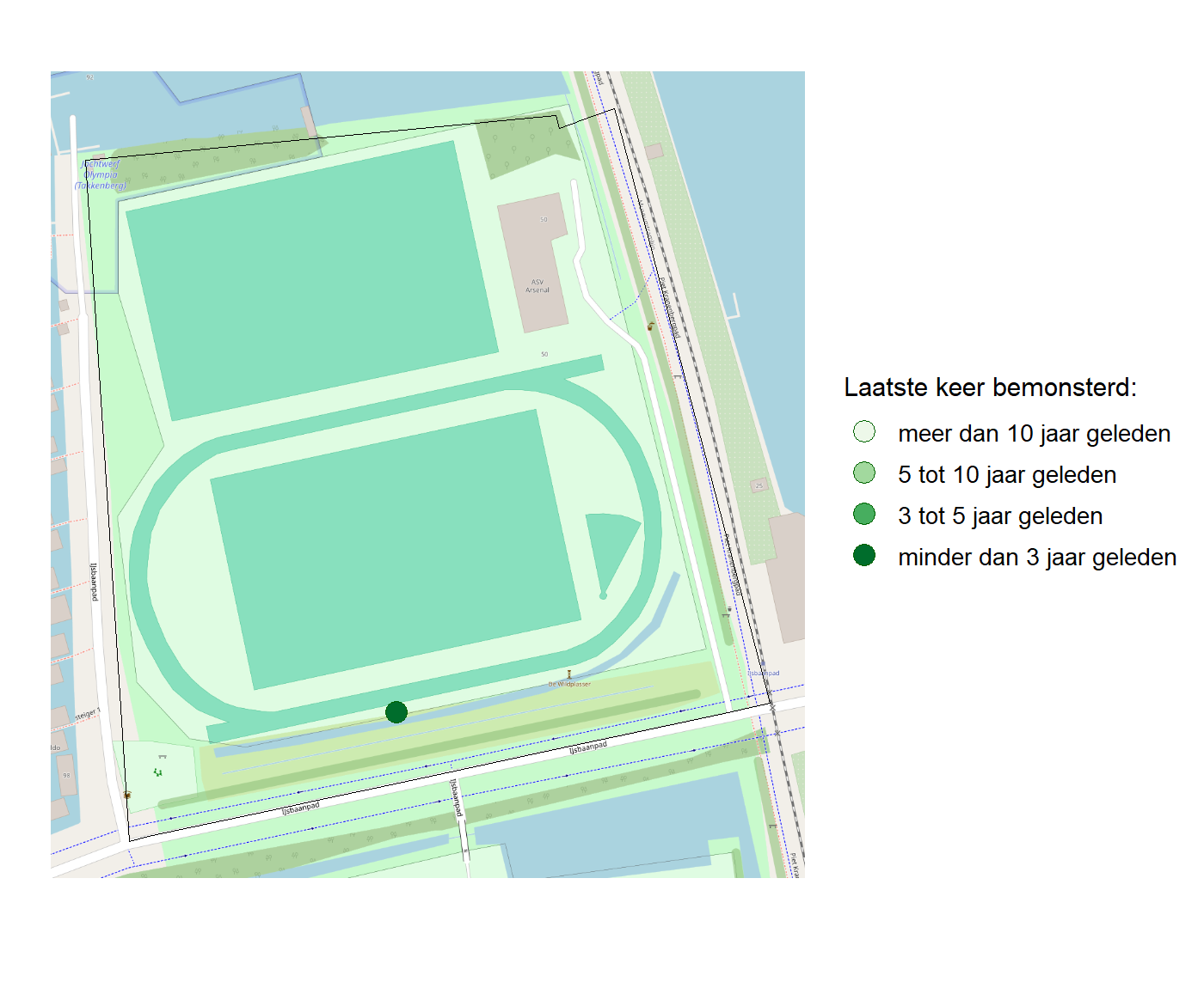 Kaart met meetlocaties waar waterplanten worden gemeten (groene stippen). Het laatste meetjaar waarin een locatie is bemonsterd is weergegeven in verschillende tinten groen.