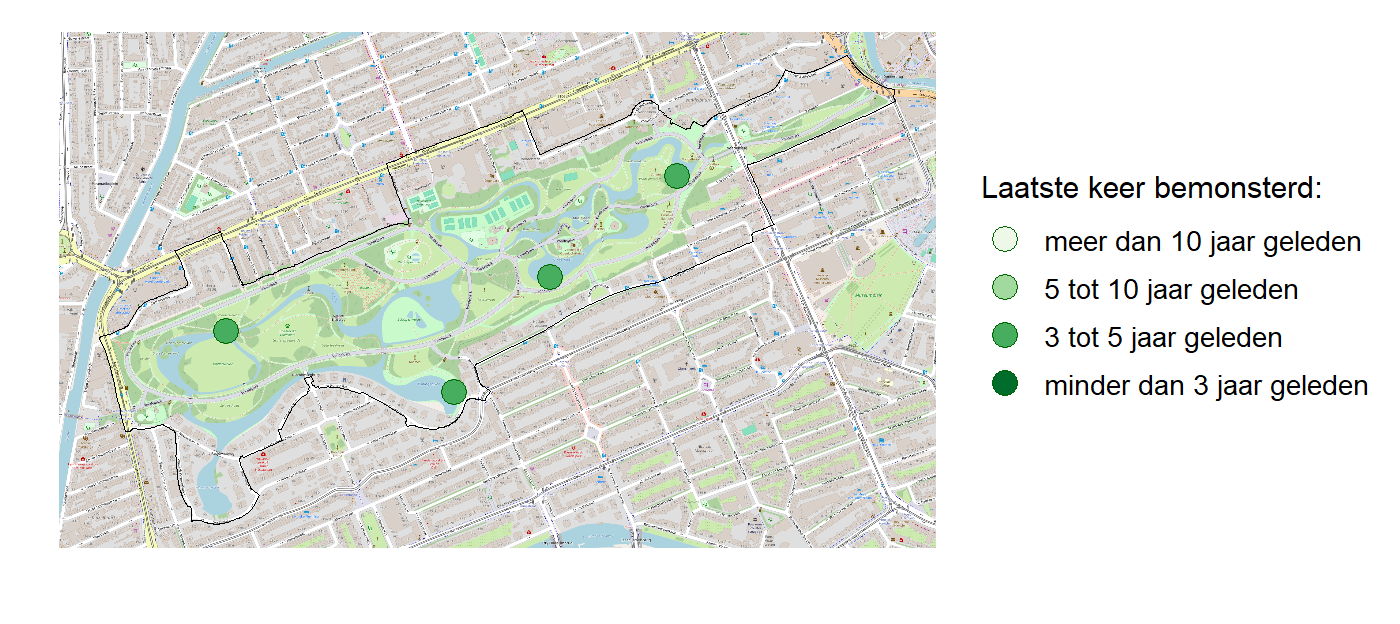 Kaart met meetlocaties waar waterplanten worden gemeten (groene stippen). Het laatste meetjaar waarin een locatie is bemonsterd is weergegeven in verschillende tinten groen.