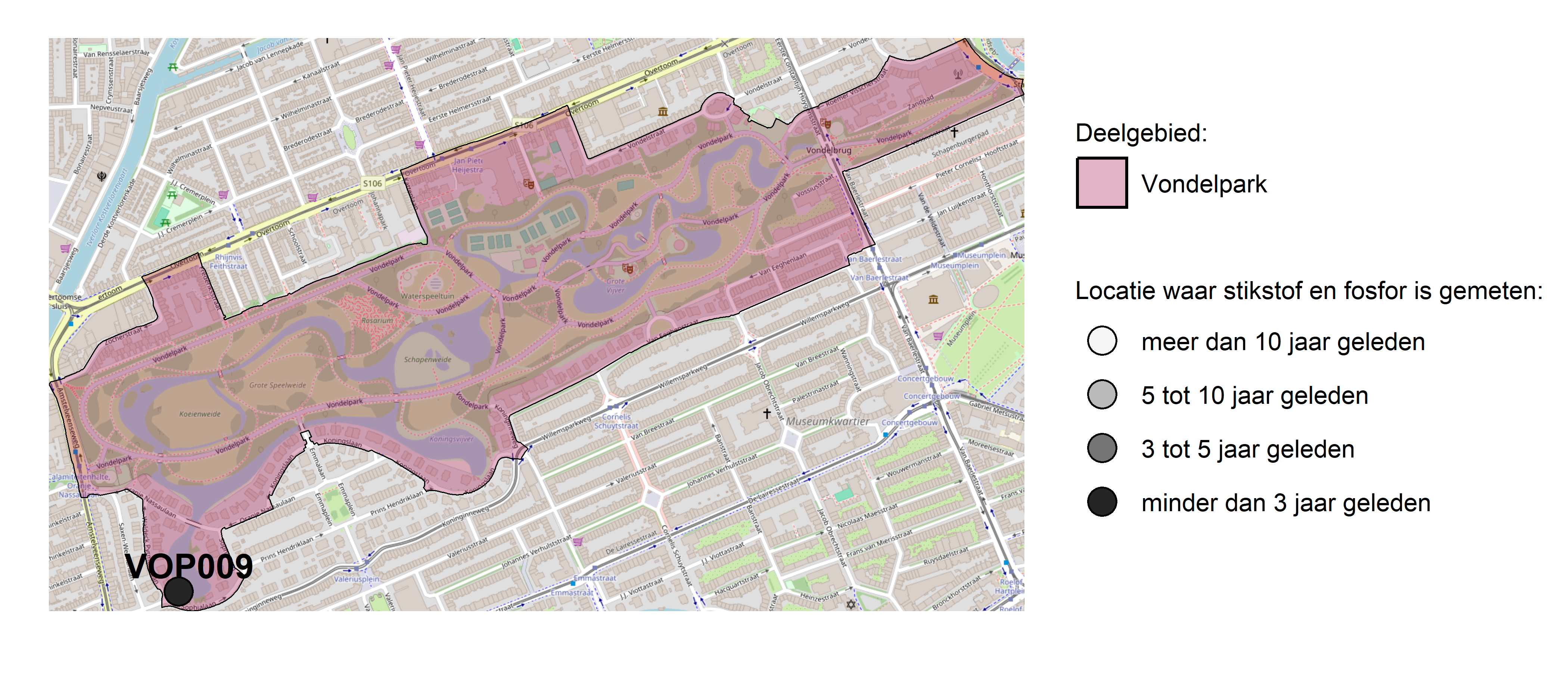 Figure 1: Kaart met meetlocaties waar stikstof en fosfor zijn gemeten. Het laatste meetjaar waarin een locatie is bemonsterd, is weergegeven in verschillende tinten grijs.