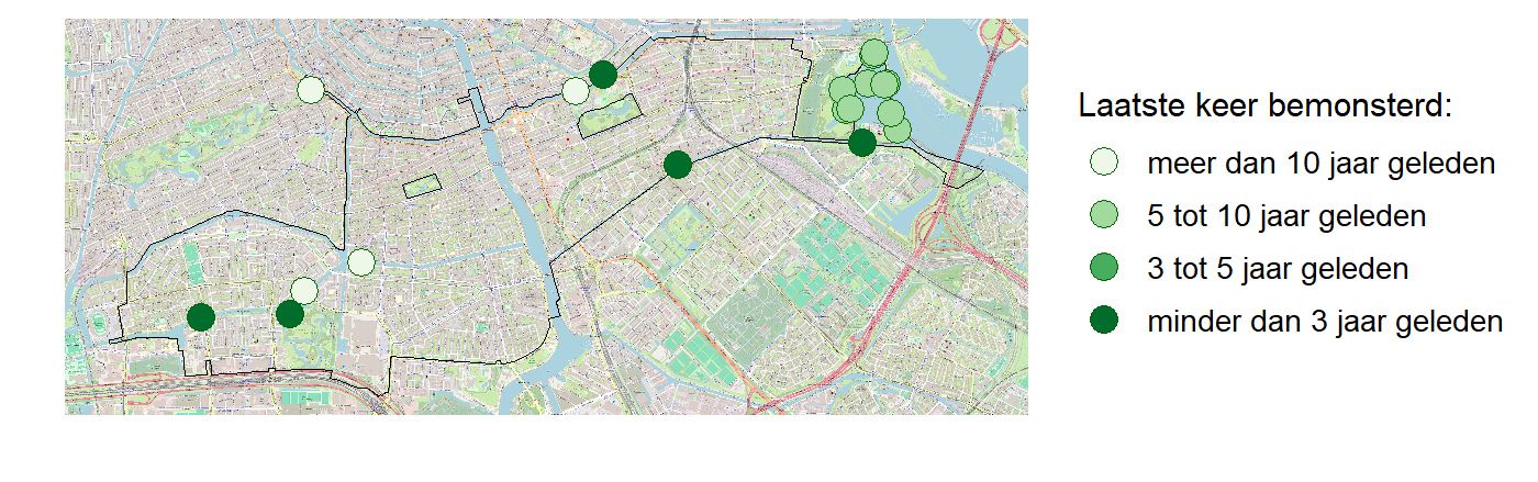 Kaart met meetlocaties waar waterplanten worden gemeten (groene stippen). Het laatste meetjaar waarin een locatie is bemonsterd is weergegeven in verschillende tinten groen.