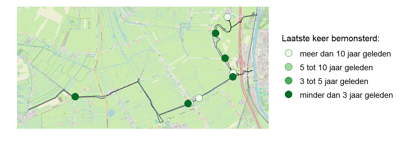 Kaart met meetlocaties waar waterplanten worden gemeten (groene stippen). Het laatste meetjaar waarin een locatie is bemonsterd is weergegeven in verschillende tinten groen.