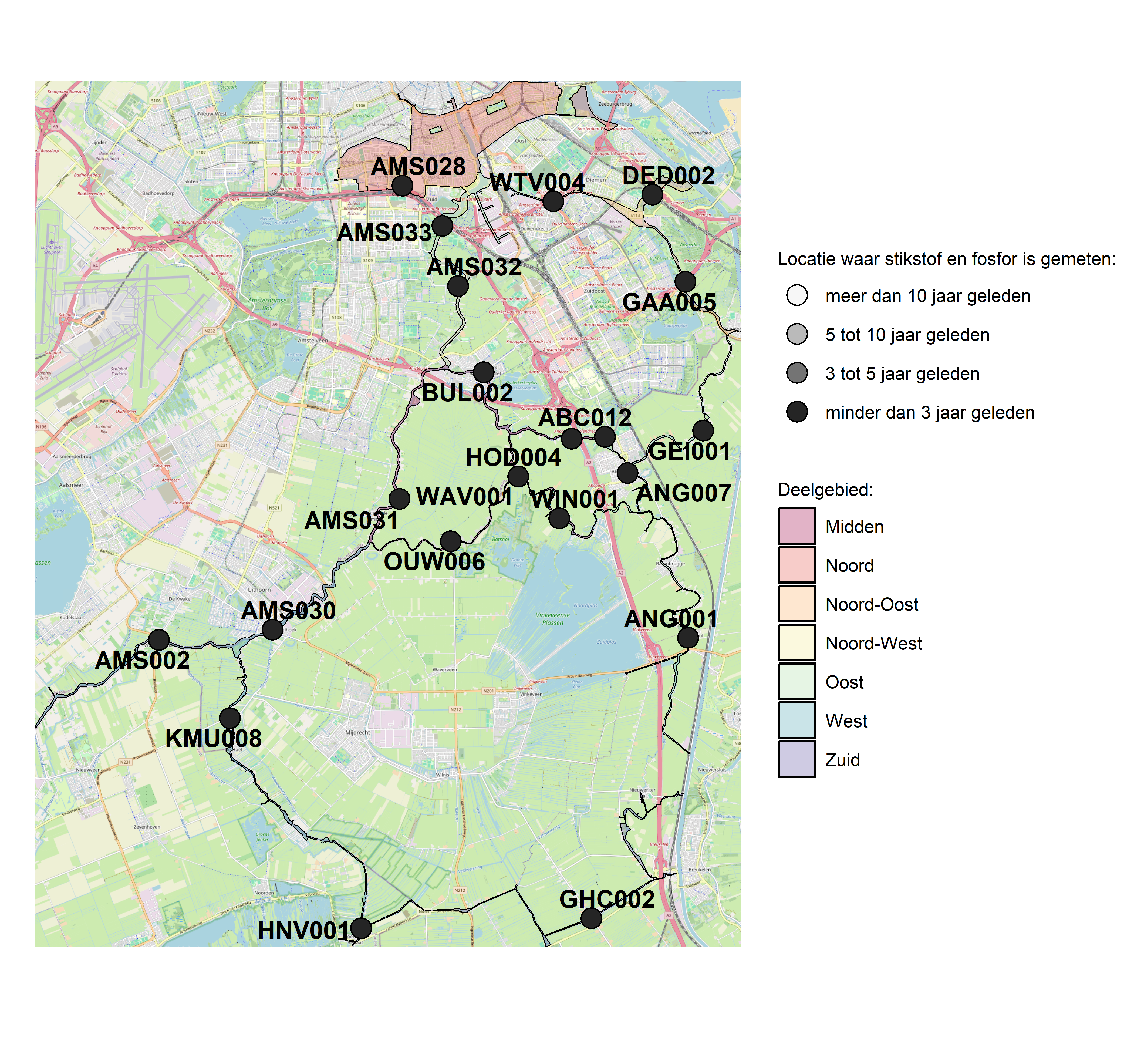 Figure 1: Kaart met meetlocaties waar stikstof en fosfor zijn gemeten. Het laatste meetjaar waarin een locatie is bemonsterd, is weergegeven in verschillende tinten grijs.