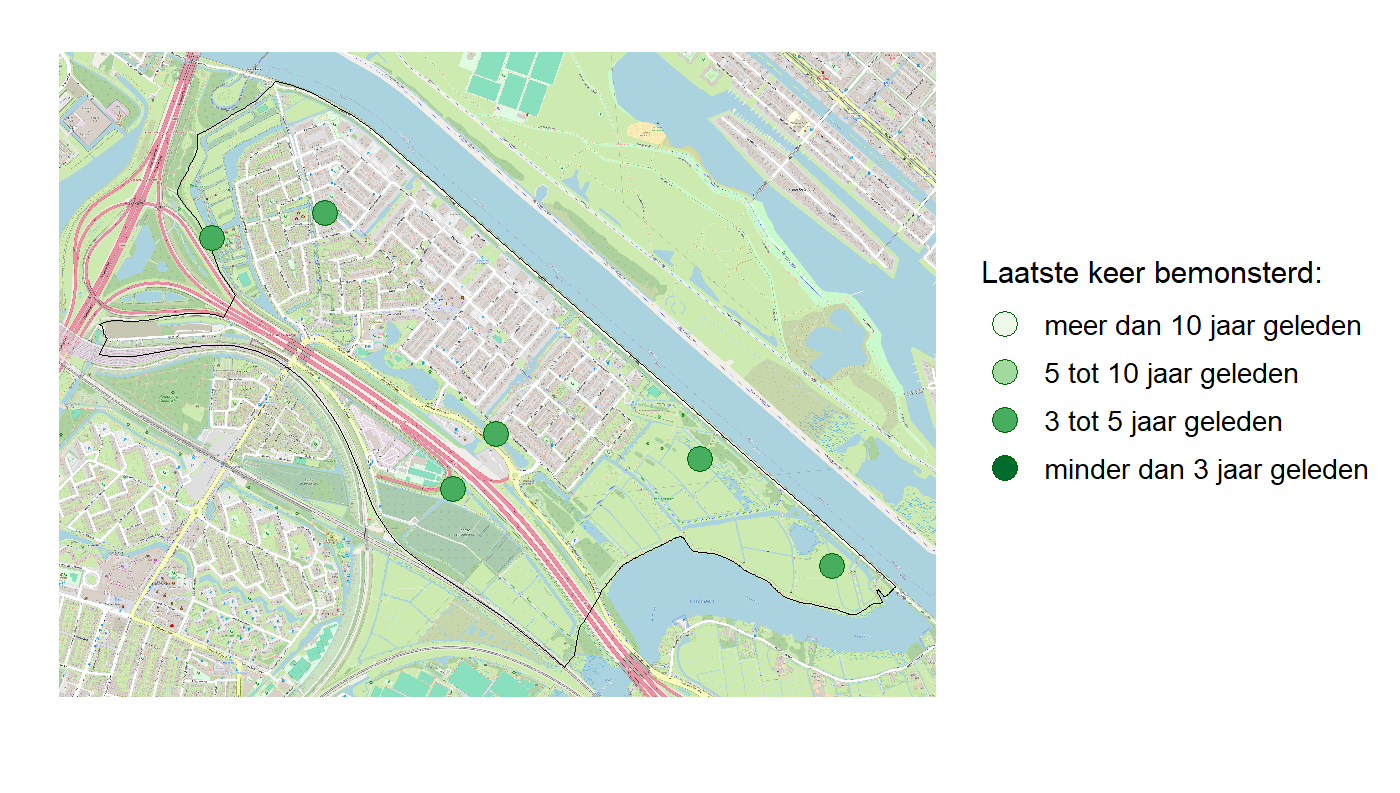 Kaart met meetlocaties waar waterplanten worden gemeten (groene stippen). Het laatste meetjaar waarin een locatie is bemonsterd is weergegeven in verschillende tinten groen.