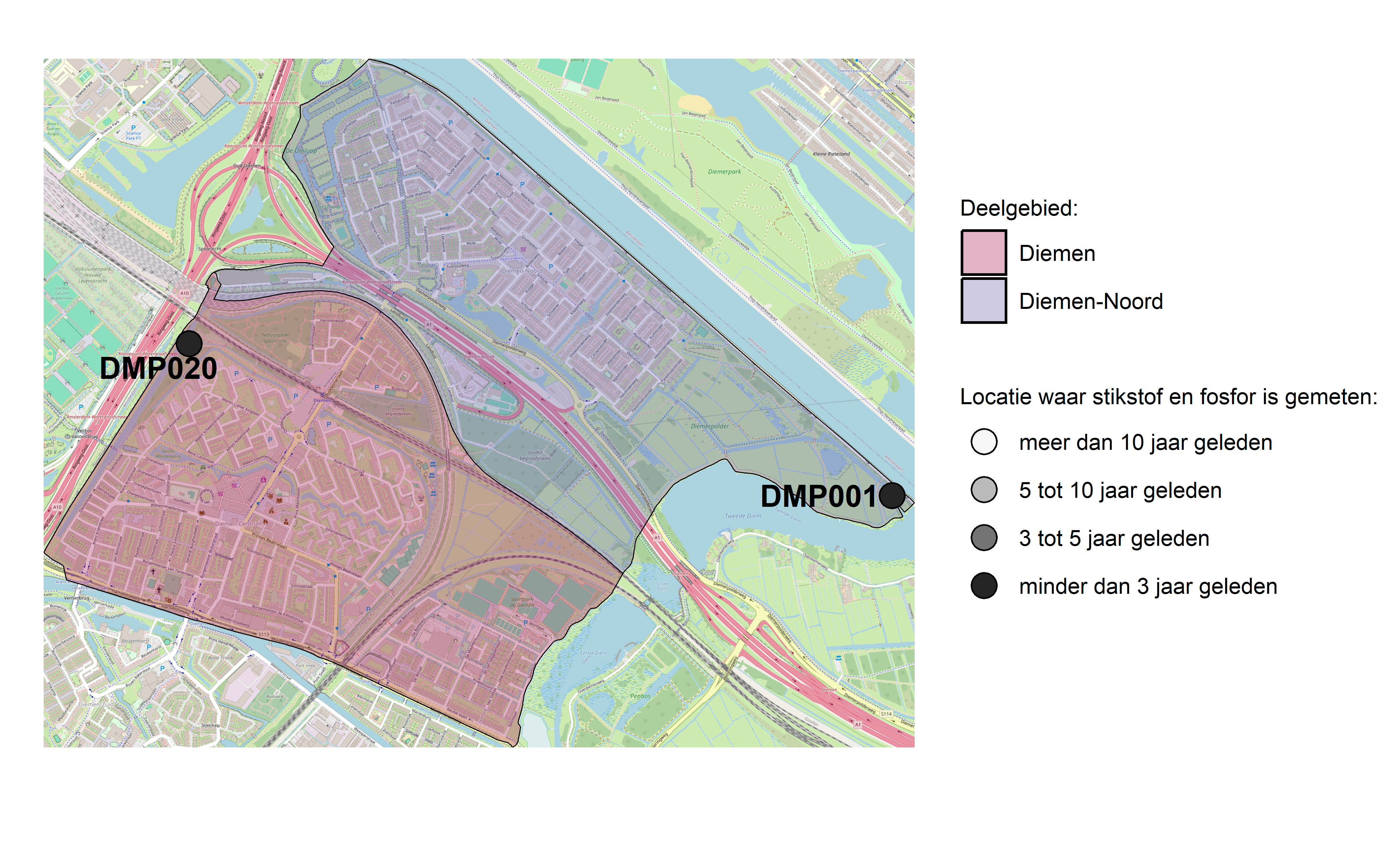 Figure 1: Kaart met meetlocaties waar stikstof en fosfor zijn gemeten. Het laatste meetjaar waarin een locatie is bemonsterd, is weergegeven in verschillende tinten grijs.