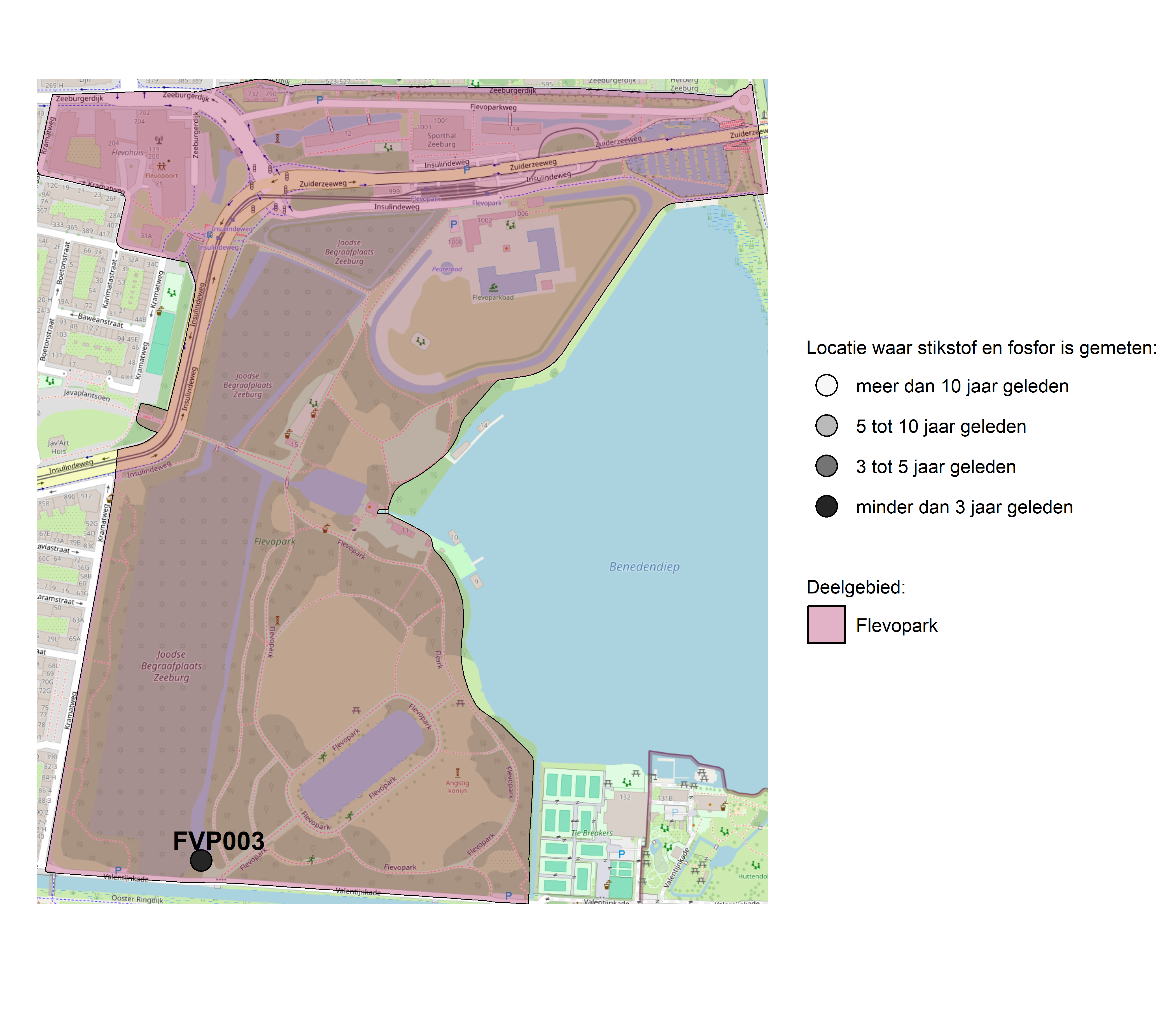 Figure 1: Kaart met meetlocaties waar stikstof en fosfor zijn gemeten. Het laatste meetjaar waarin een locatie is bemonsterd, is weergegeven in verschillende tinten grijs.