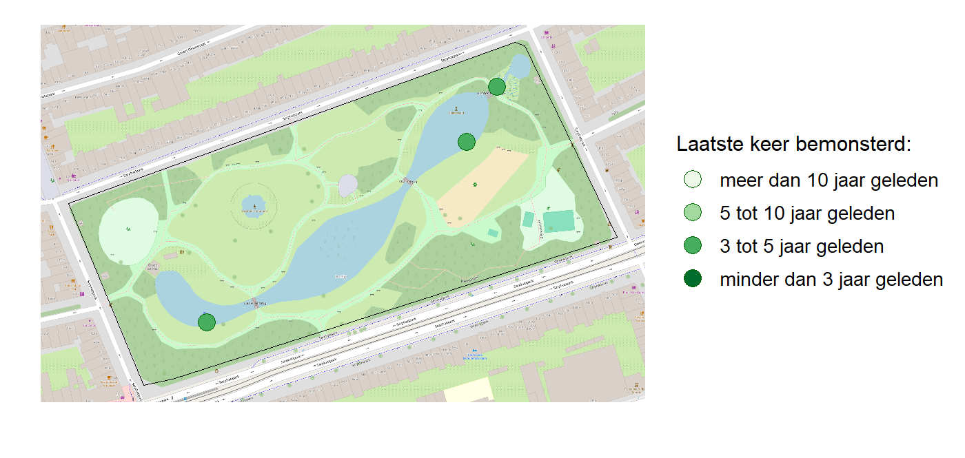 Kaart met meetlocaties waar waterplanten worden gemeten (groene stippen). Het laatste meetjaar waarin een locatie is bemonsterd is weergegeven in verschillende tinten groen.