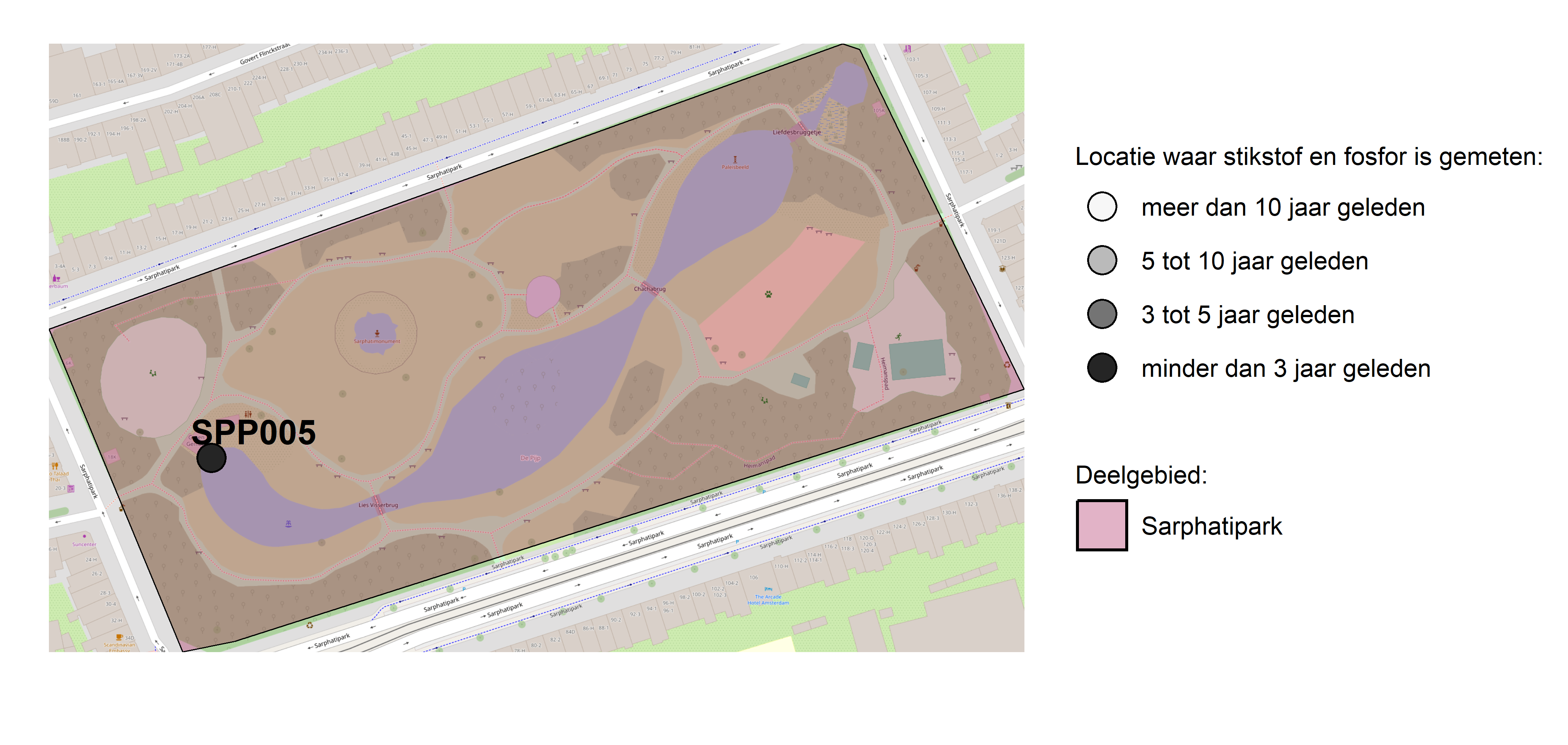 Figure 1: Kaart met meetlocaties waar stikstof en fosfor zijn gemeten. Het laatste meetjaar waarin een locatie is bemonsterd, is weergegeven in verschillende tinten grijs.