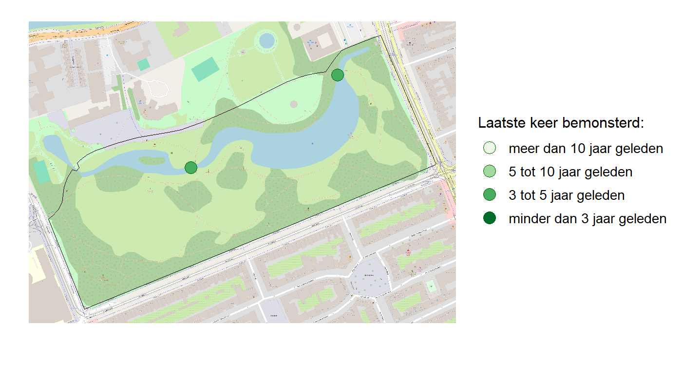 Kaart met meetlocaties waar waterplanten worden gemeten (groene stippen). Het laatste meetjaar waarin een locatie is bemonsterd is weergegeven in verschillende tinten groen.