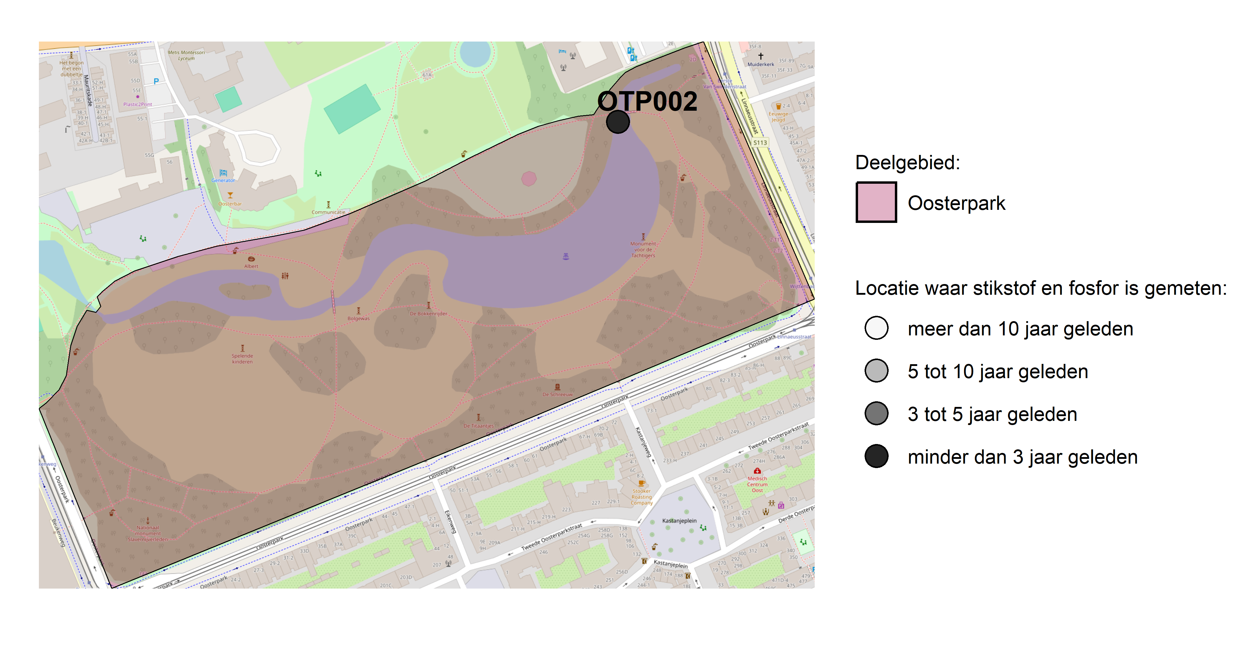 Figure 1: Kaart met meetlocaties waar stikstof en fosfor zijn gemeten. Het laatste meetjaar waarin een locatie is bemonsterd, is weergegeven in verschillende tinten grijs.