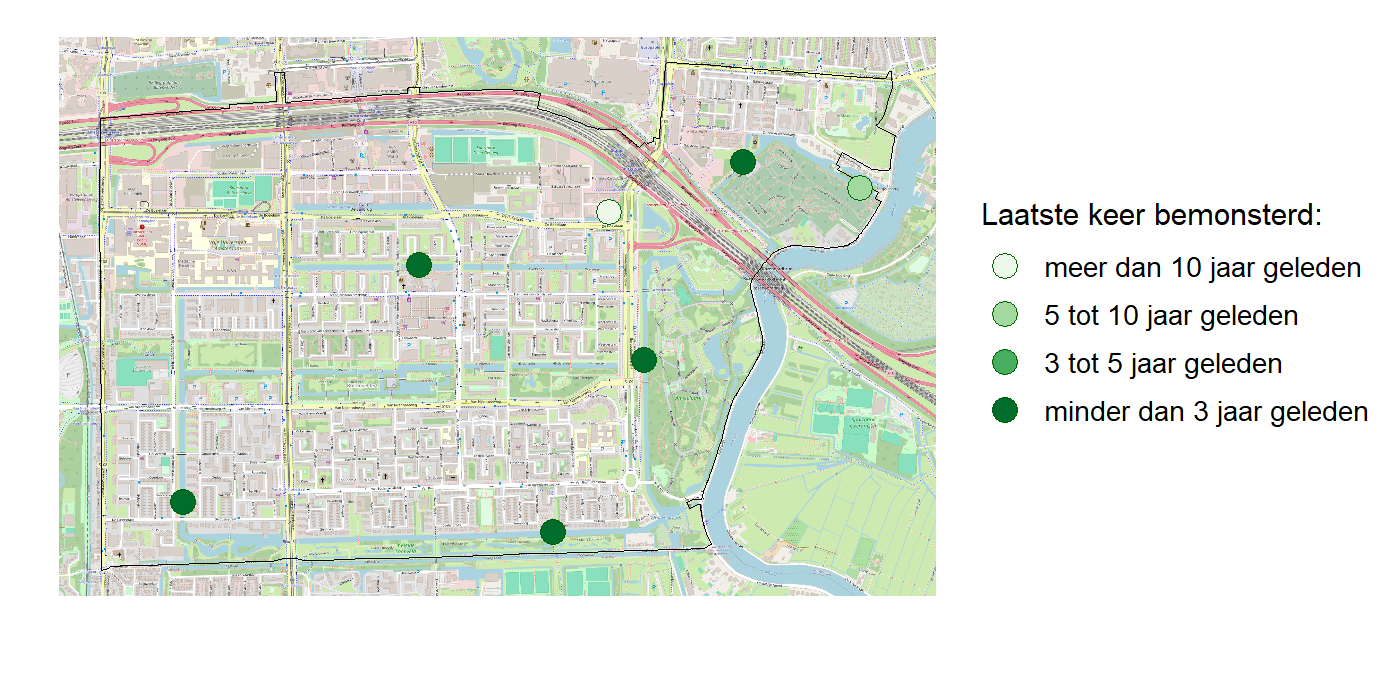 Kaart met meetlocaties waar waterplanten worden gemeten (groene stippen). Het laatste meetjaar waarin een locatie is bemonsterd is weergegeven in verschillende tinten groen.