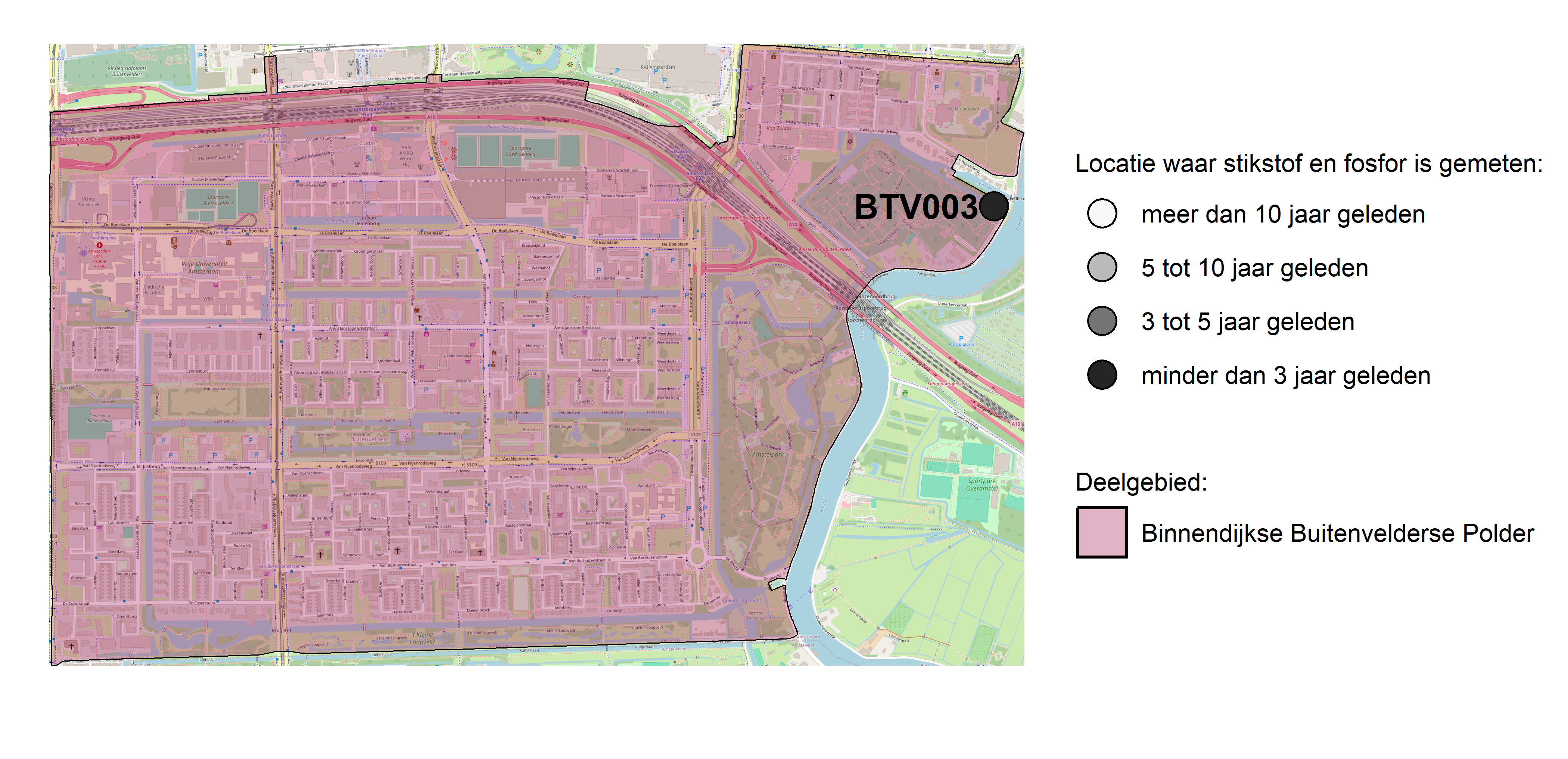 Figure 1: Kaart met meetlocaties waar stikstof en fosfor zijn gemeten. Het laatste meetjaar waarin een locatie is bemonsterd, is weergegeven in verschillende tinten grijs.