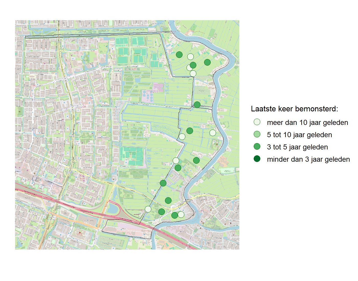 Kaart met meetlocaties waar waterplanten worden gemeten (groene stippen). Het laatste meetjaar waarin een locatie is bemonsterd is weergegeven in verschillende tinten groen.