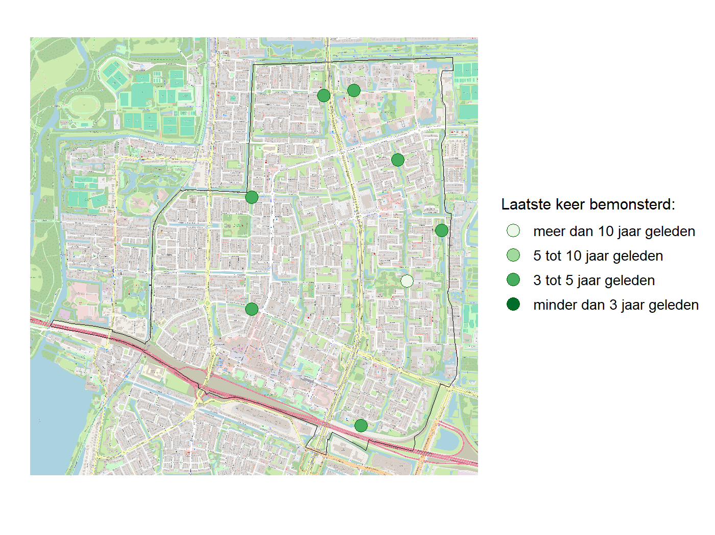 Kaart met meetlocaties waar waterplanten worden gemeten (groene stippen). Het laatste meetjaar waarin een locatie is bemonsterd is weergegeven in verschillende tinten groen.