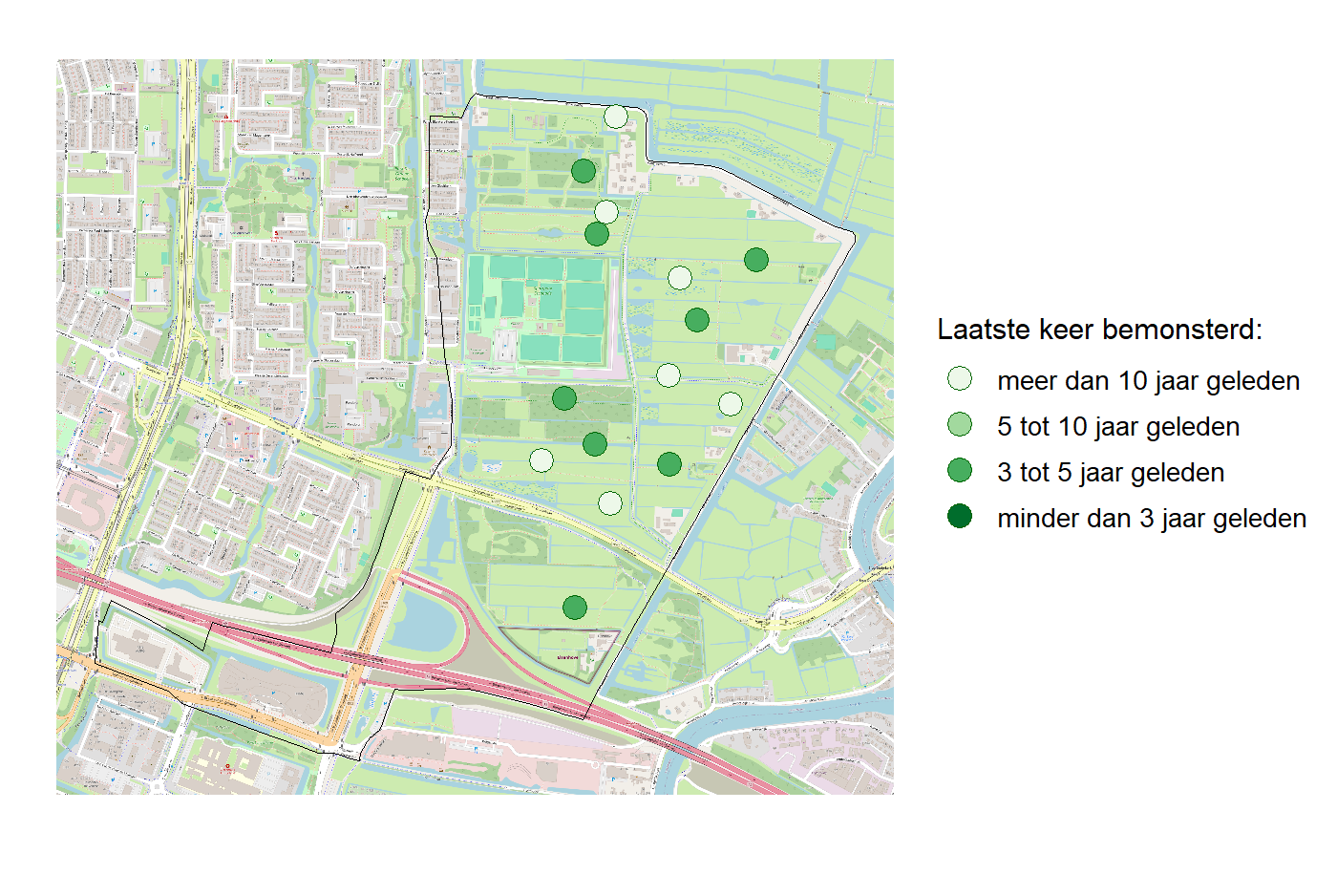 Kaart met meetlocaties waar waterplanten worden gemeten (groene stippen). Het laatste meetjaar waarin een locatie is bemonsterd is weergegeven in verschillende tinten groen.