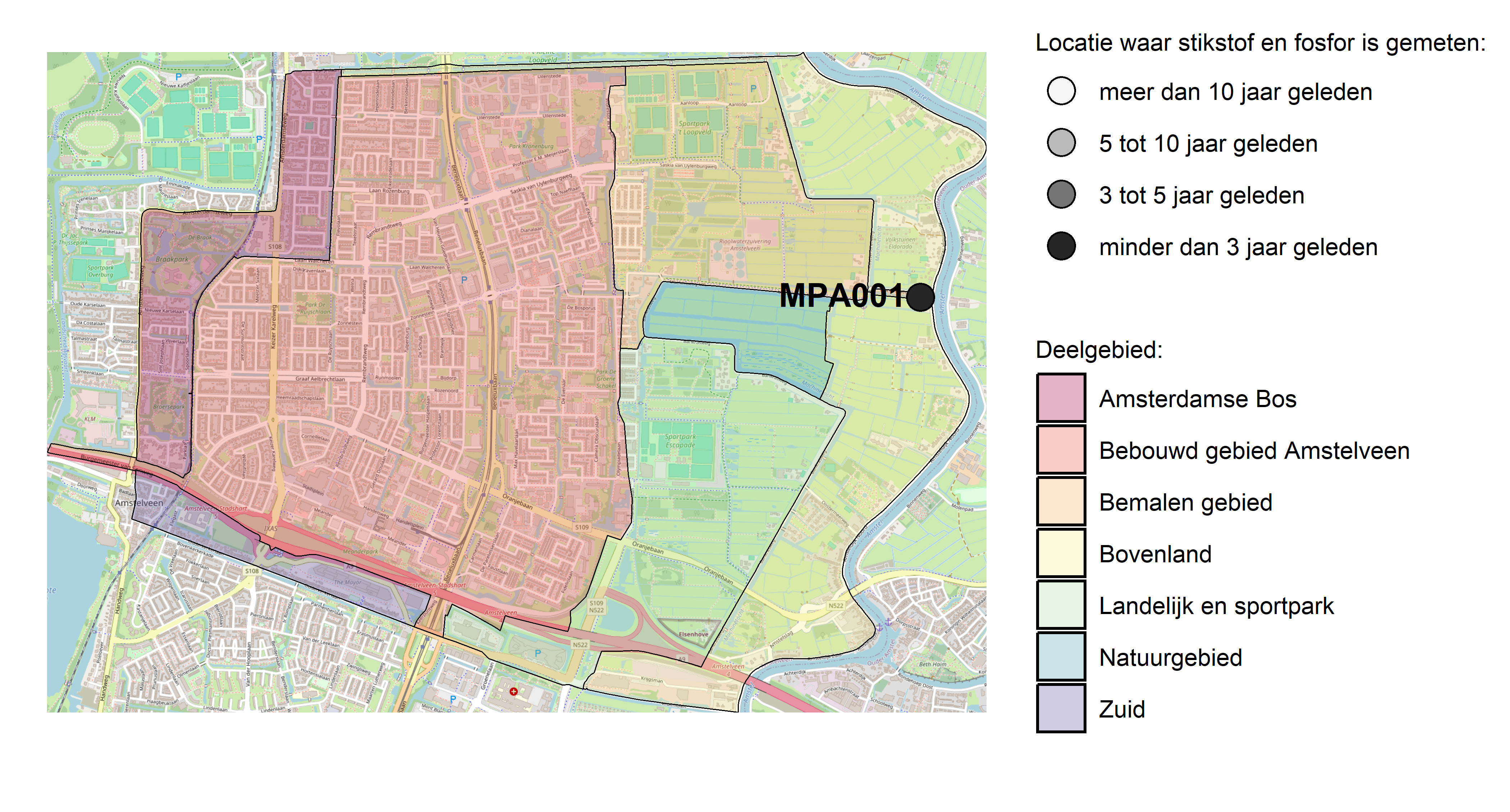 Figure 1: Kaart met meetlocaties waar stikstof en fosfor zijn gemeten. Het laatste meetjaar waarin een locatie is bemonsterd, is weergegeven in verschillende tinten grijs.