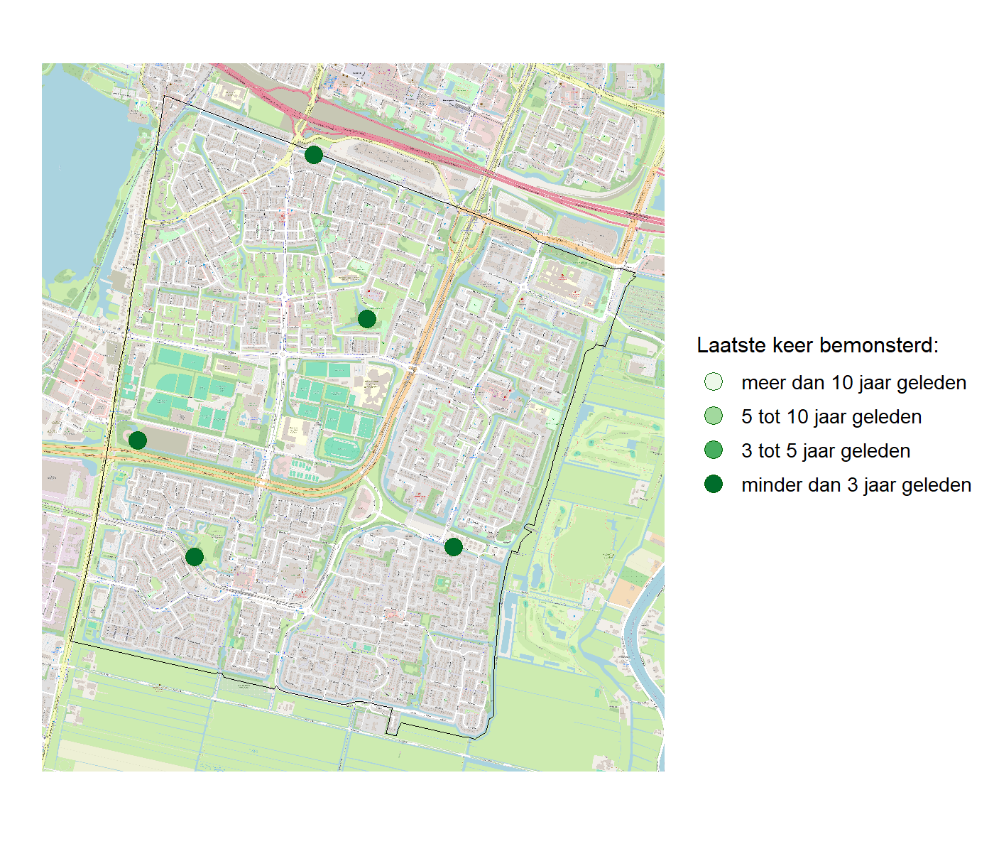 Kaart met meetlocaties waar waterplanten worden gemeten (groene stippen). Het laatste meetjaar waarin een locatie is bemonsterd is weergegeven in verschillende tinten groen.