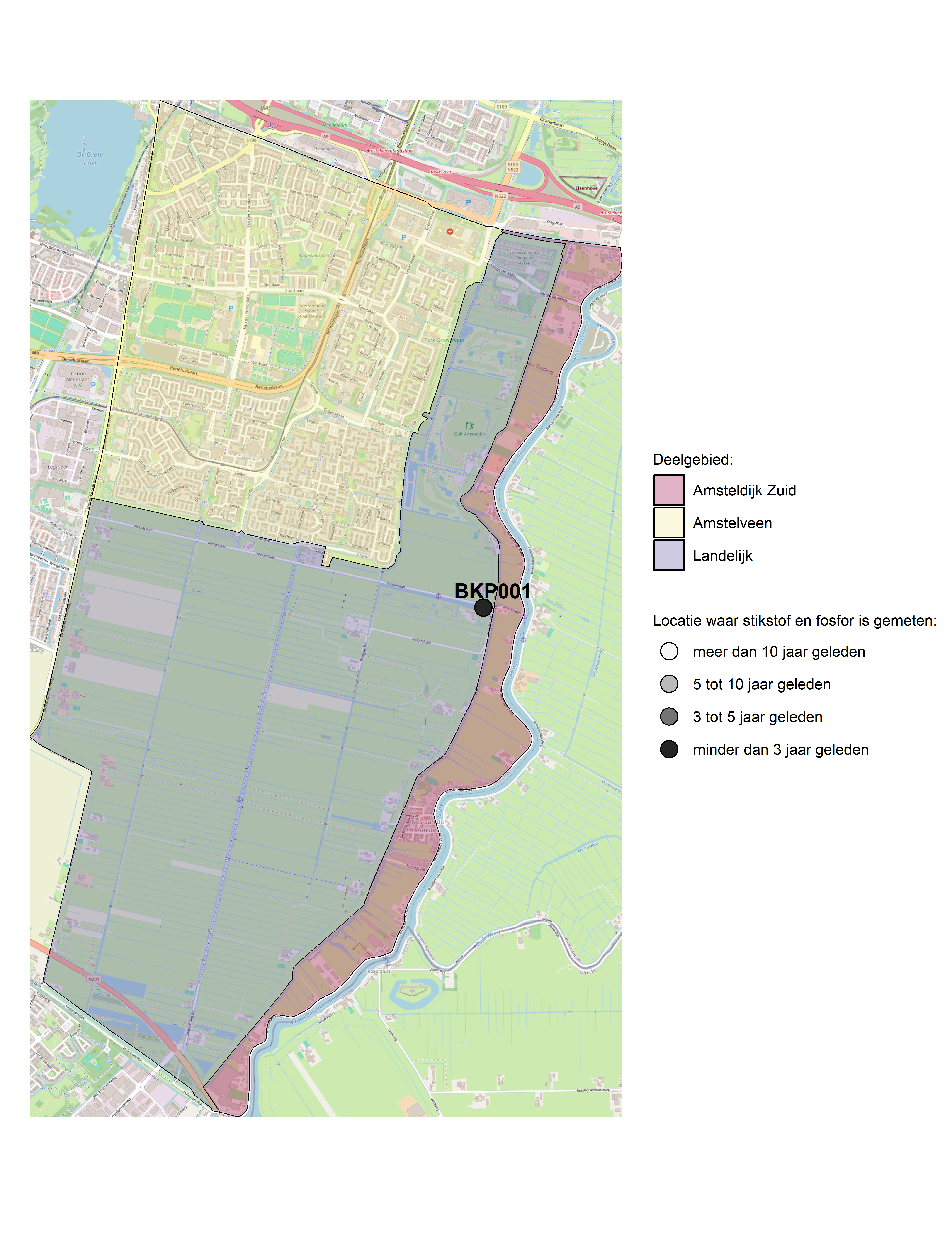 Figure 1: Kaart met meetlocaties waar stikstof en fosfor zijn gemeten. Het laatste meetjaar waarin een locatie is bemonsterd, is weergegeven in verschillende tinten grijs.