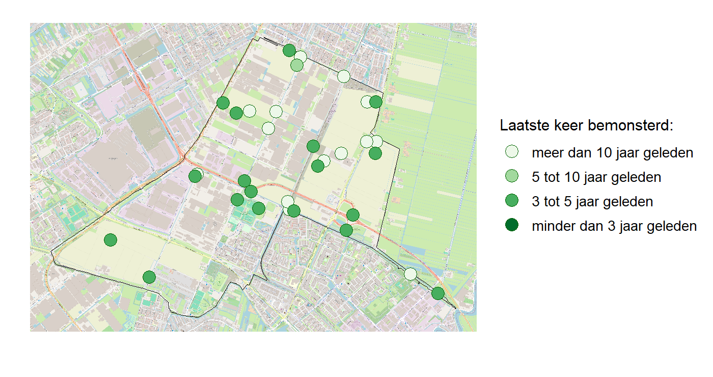 Kaart met meetlocaties waar waterplanten worden gemeten (groene stippen). Het laatste meetjaar waarin een locatie is bemonsterd is weergegeven in verschillende tinten groen.