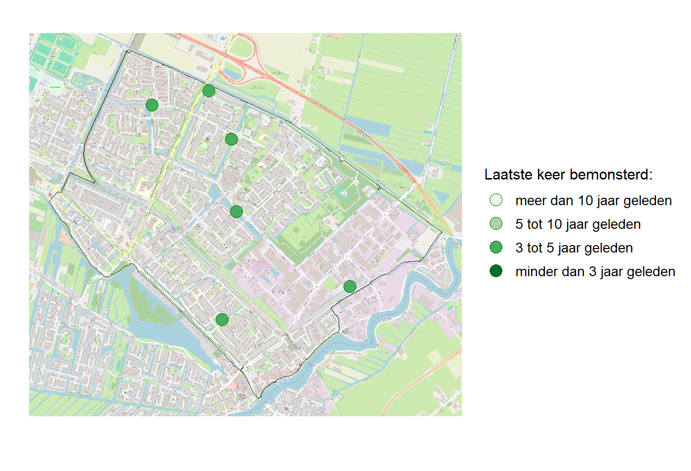 Kaart met meetlocaties waar waterplanten worden gemeten (groene stippen). Het laatste meetjaar waarin een locatie is bemonsterd is weergegeven in verschillende tinten groen.