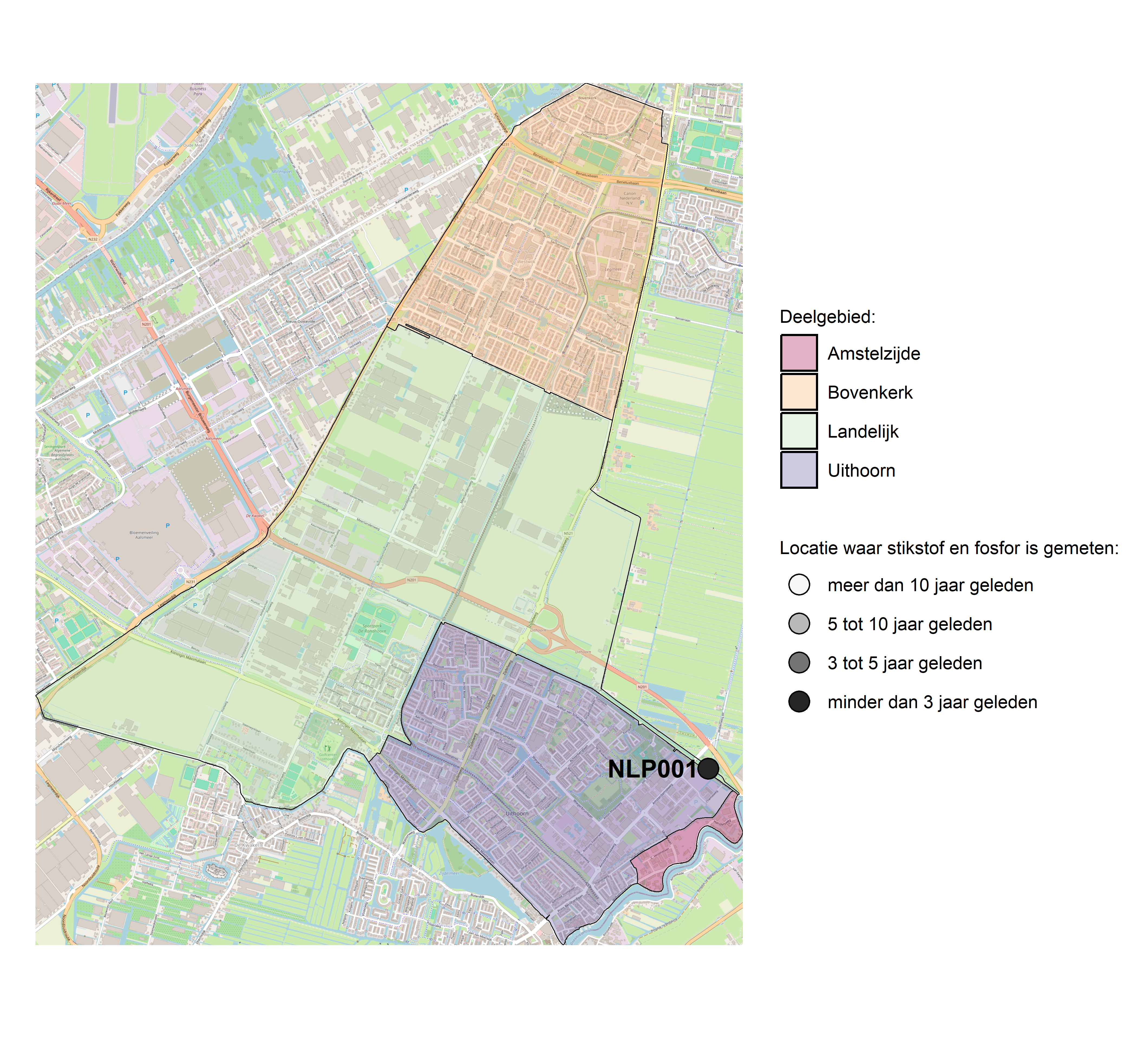 Figure 1: Kaart met meetlocaties waar stikstof en fosfor zijn gemeten. Het laatste meetjaar waarin een locatie is bemonsterd, is weergegeven in verschillende tinten grijs.