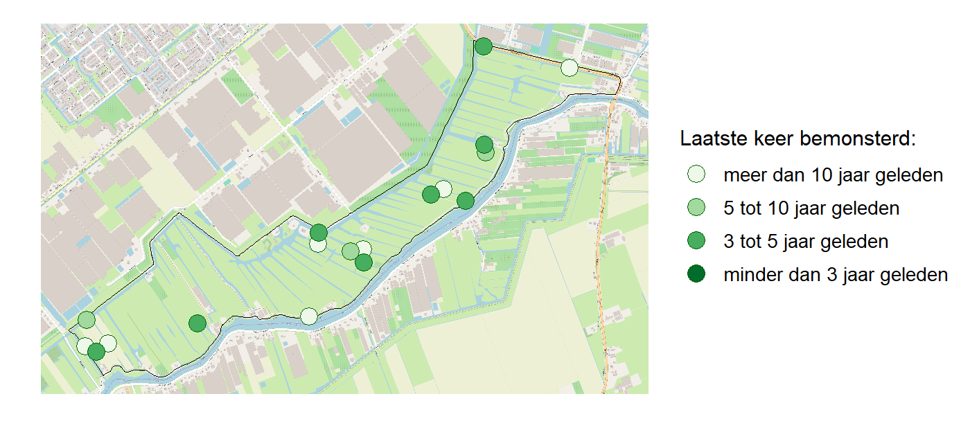 Kaart met meetlocaties waar waterplanten worden gemeten (groene stippen). Het laatste meetjaar waarin een locatie is bemonsterd is weergegeven in verschillende tinten groen.