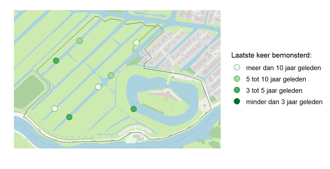 Kaart met meetlocaties waar waterplanten worden gemeten (groene stippen). Het laatste meetjaar waarin een locatie is bemonsterd is weergegeven in verschillende tinten groen.