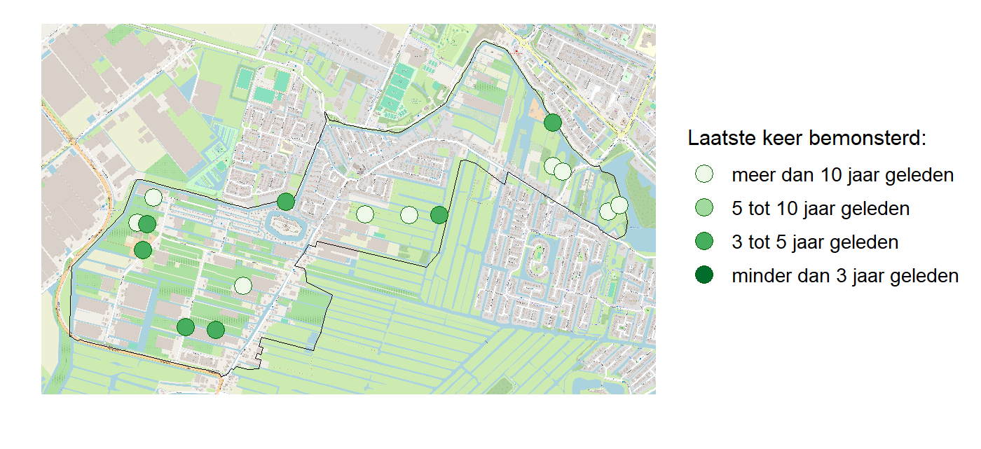 Kaart met meetlocaties waar waterplanten worden gemeten (groene stippen). Het laatste meetjaar waarin een locatie is bemonsterd is weergegeven in verschillende tinten groen.