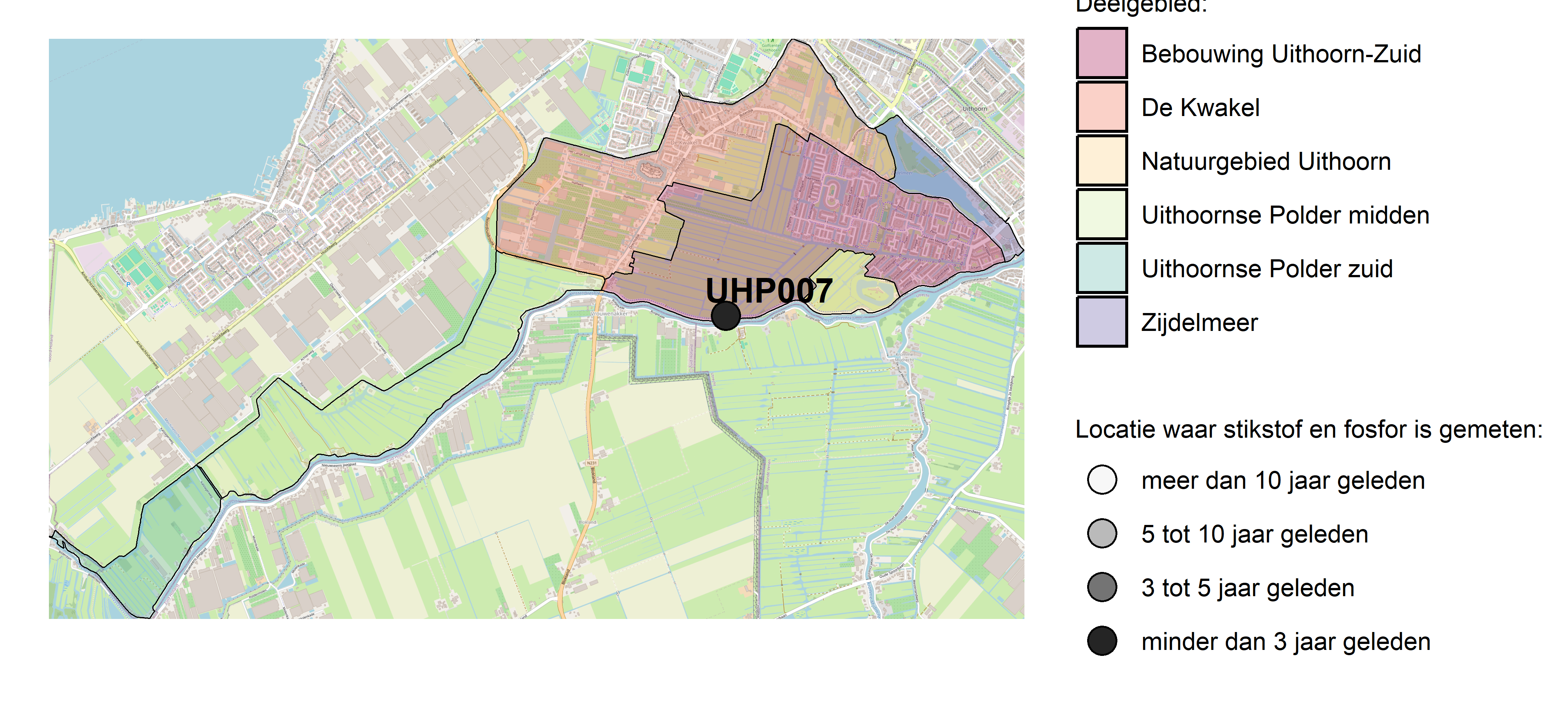 Figure 1: Kaart met meetlocaties waar stikstof en fosfor zijn gemeten. Het laatste meetjaar waarin een locatie is bemonsterd, is weergegeven in verschillende tinten grijs.