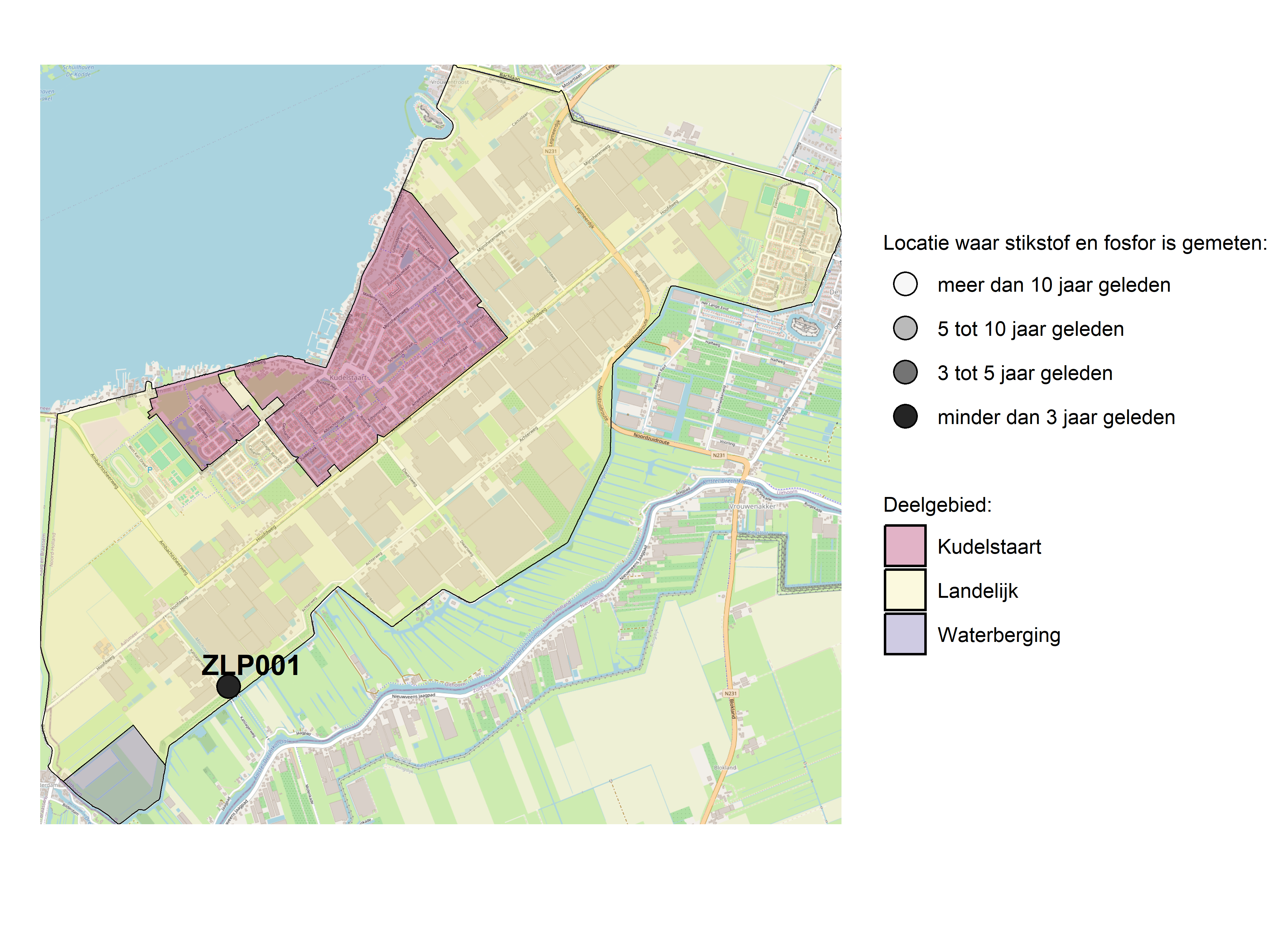 Figure 1: Kaart met meetlocaties waar stikstof en fosfor zijn gemeten. Het laatste meetjaar waarin een locatie is bemonsterd, is weergegeven in verschillende tinten grijs.