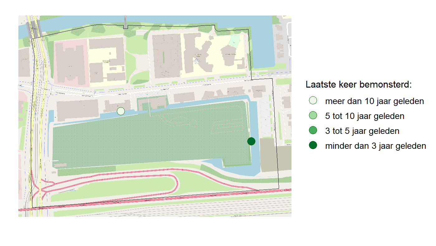 Kaart met meetlocaties waar waterplanten worden gemeten (groene stippen). Het laatste meetjaar waarin een locatie is bemonsterd is weergegeven in verschillende tinten groen.