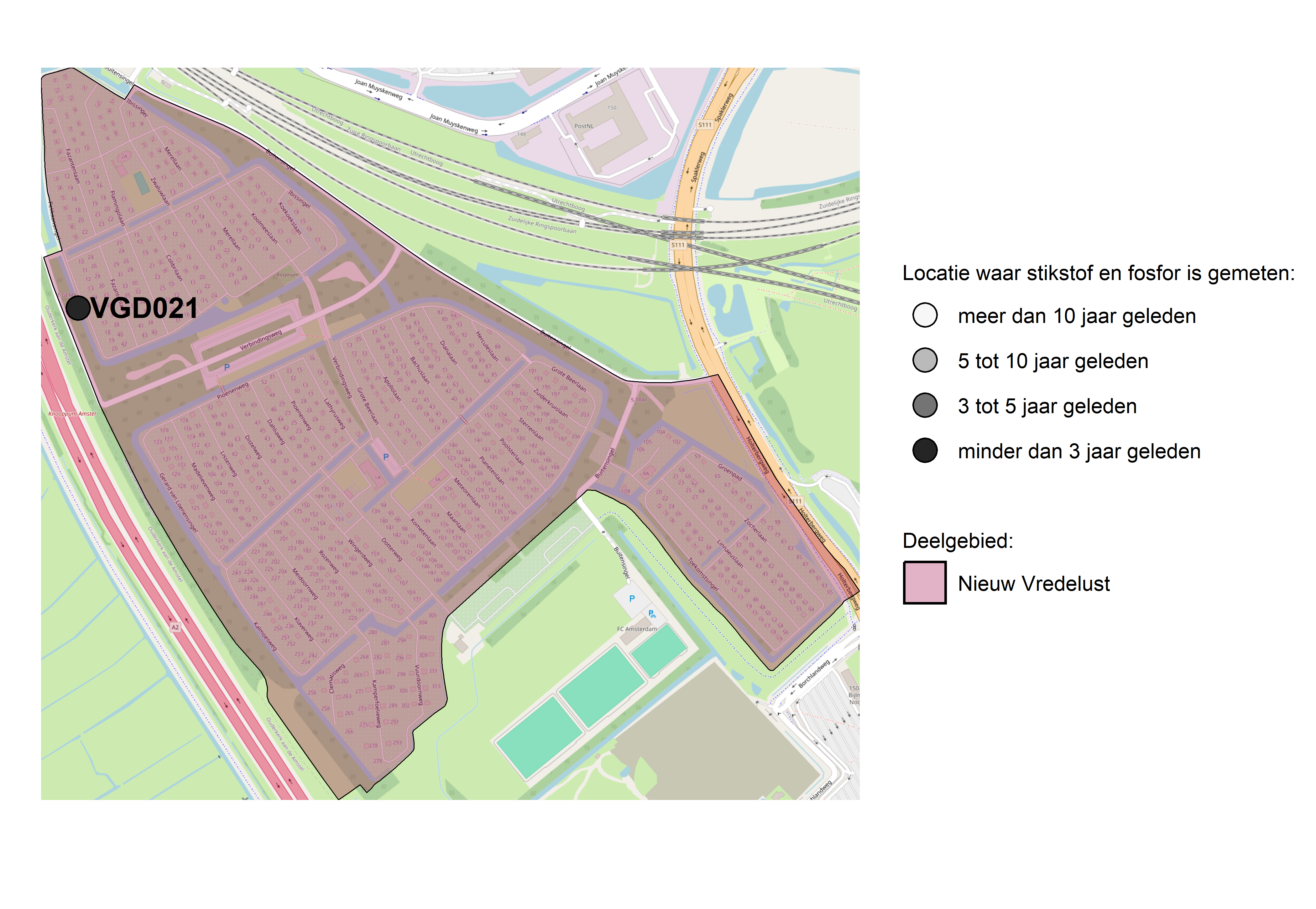 Figure 1: Kaart met meetlocaties waar stikstof en fosfor zijn gemeten. Het laatste meetjaar waarin een locatie is bemonsterd, is weergegeven in verschillende tinten grijs.