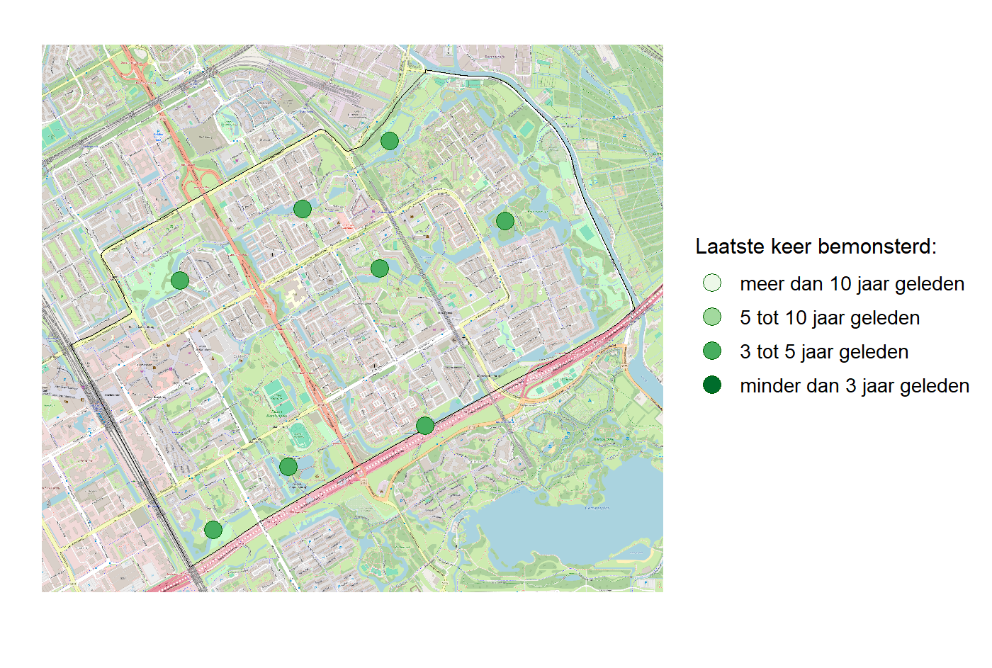 Kaart met meetlocaties waar waterplanten worden gemeten (groene stippen). Het laatste meetjaar waarin een locatie is bemonsterd is weergegeven in verschillende tinten groen.