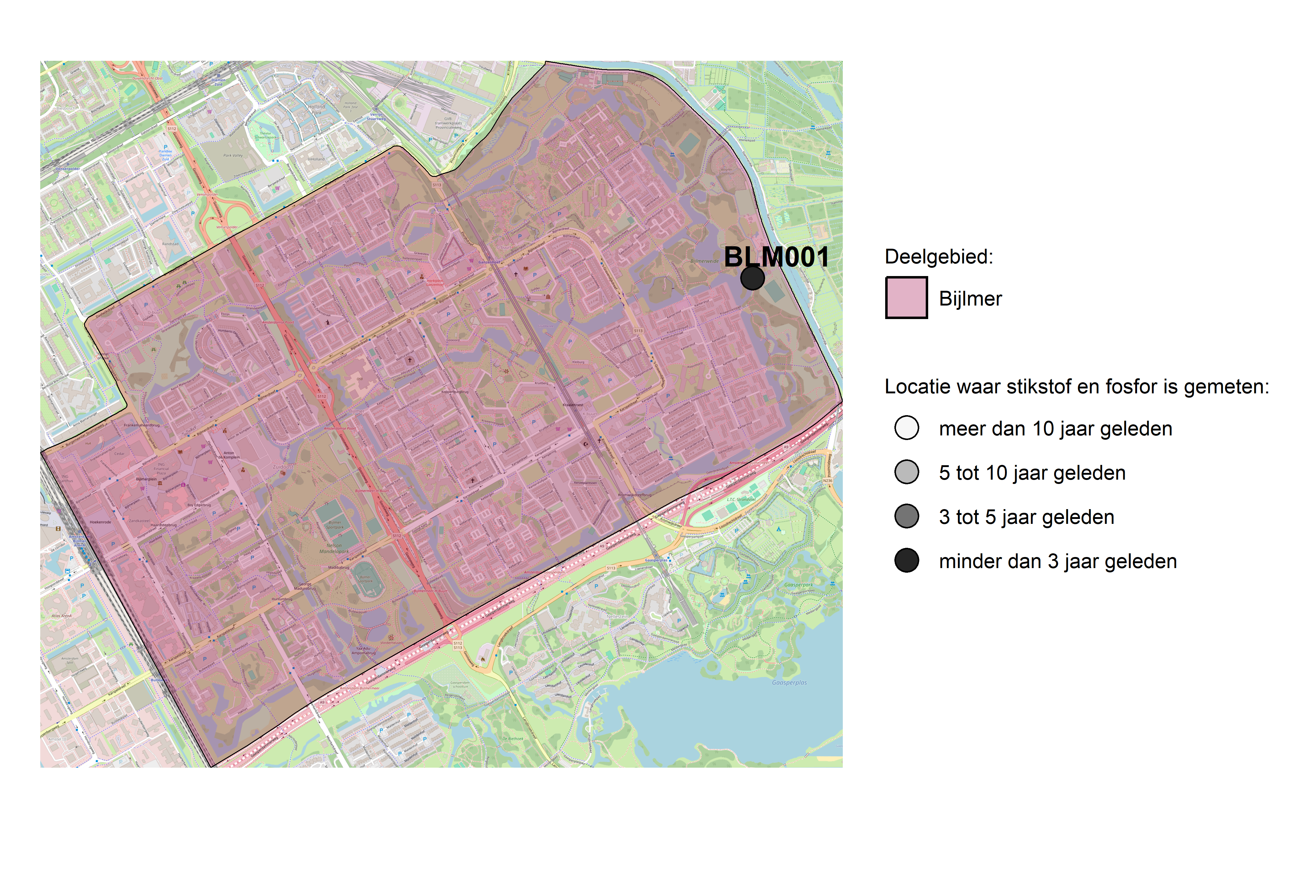 Figure 1: Kaart met meetlocaties waar stikstof en fosfor zijn gemeten. Het laatste meetjaar waarin een locatie is bemonsterd, is weergegeven in verschillende tinten grijs.