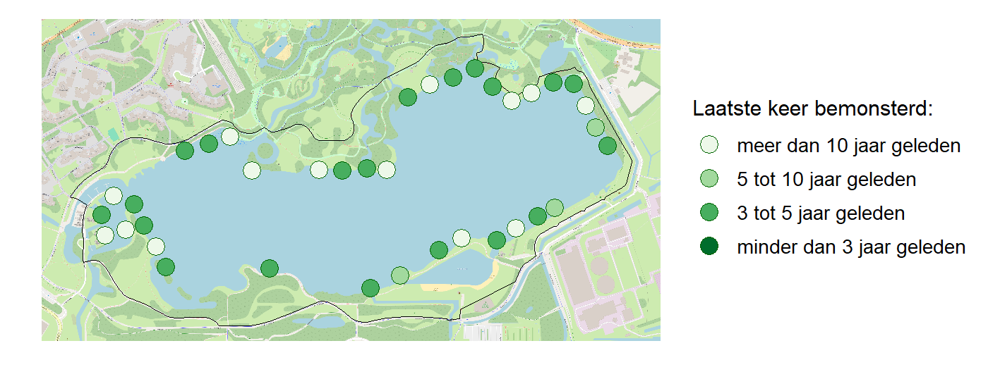 Kaart met meetlocaties waar waterplanten worden gemeten (groene stippen). Het laatste meetjaar waarin een locatie is bemonsterd is weergegeven in verschillende tinten groen.