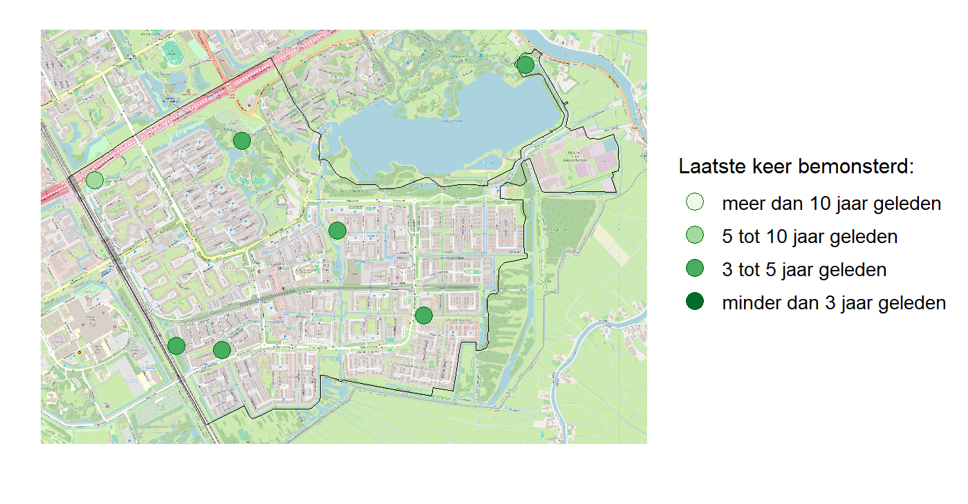 Kaart met meetlocaties waar waterplanten worden gemeten (groene stippen). Het laatste meetjaar waarin een locatie is bemonsterd is weergegeven in verschillende tinten groen.