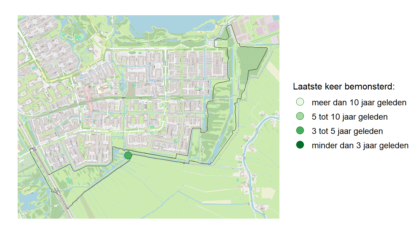 Kaart met meetlocaties waar waterplanten worden gemeten (groene stippen). Het laatste meetjaar waarin een locatie is bemonsterd is weergegeven in verschillende tinten groen.