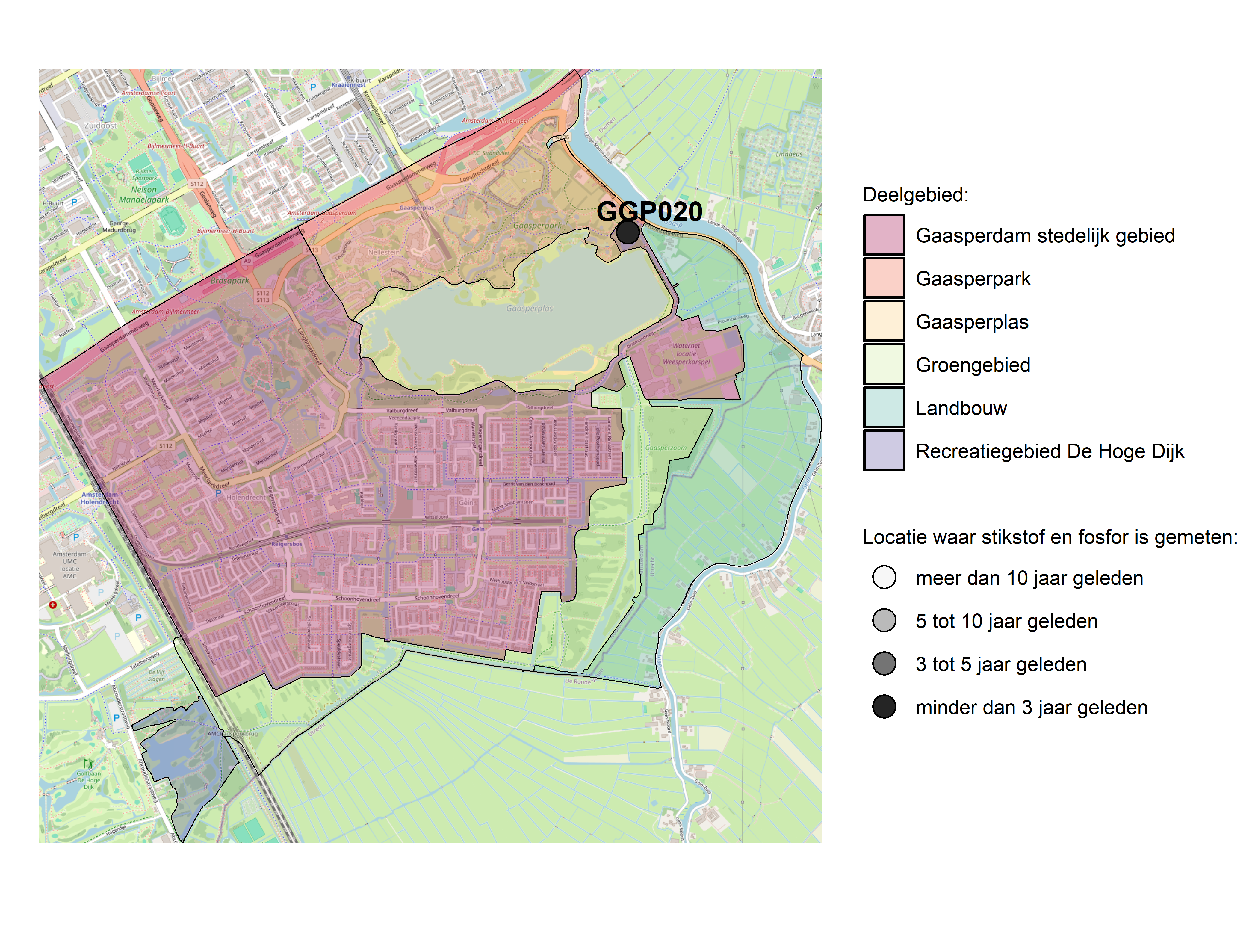 Figure 1: Kaart met meetlocaties waar stikstof en fosfor zijn gemeten. Het laatste meetjaar waarin een locatie is bemonsterd, is weergegeven in verschillende tinten grijs.