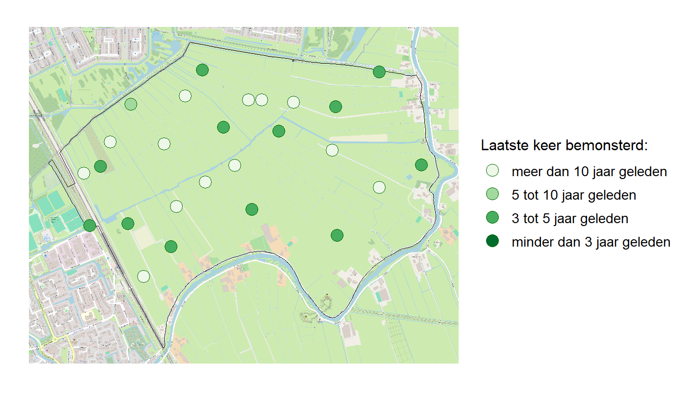 Kaart met meetlocaties waar waterplanten worden gemeten (groene stippen). Het laatste meetjaar waarin een locatie is bemonsterd is weergegeven in verschillende tinten groen.