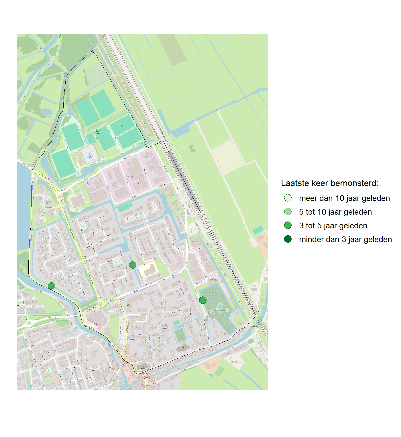 Kaart met meetlocaties waar waterplanten worden gemeten (groene stippen). Het laatste meetjaar waarin een locatie is bemonsterd is weergegeven in verschillende tinten groen.