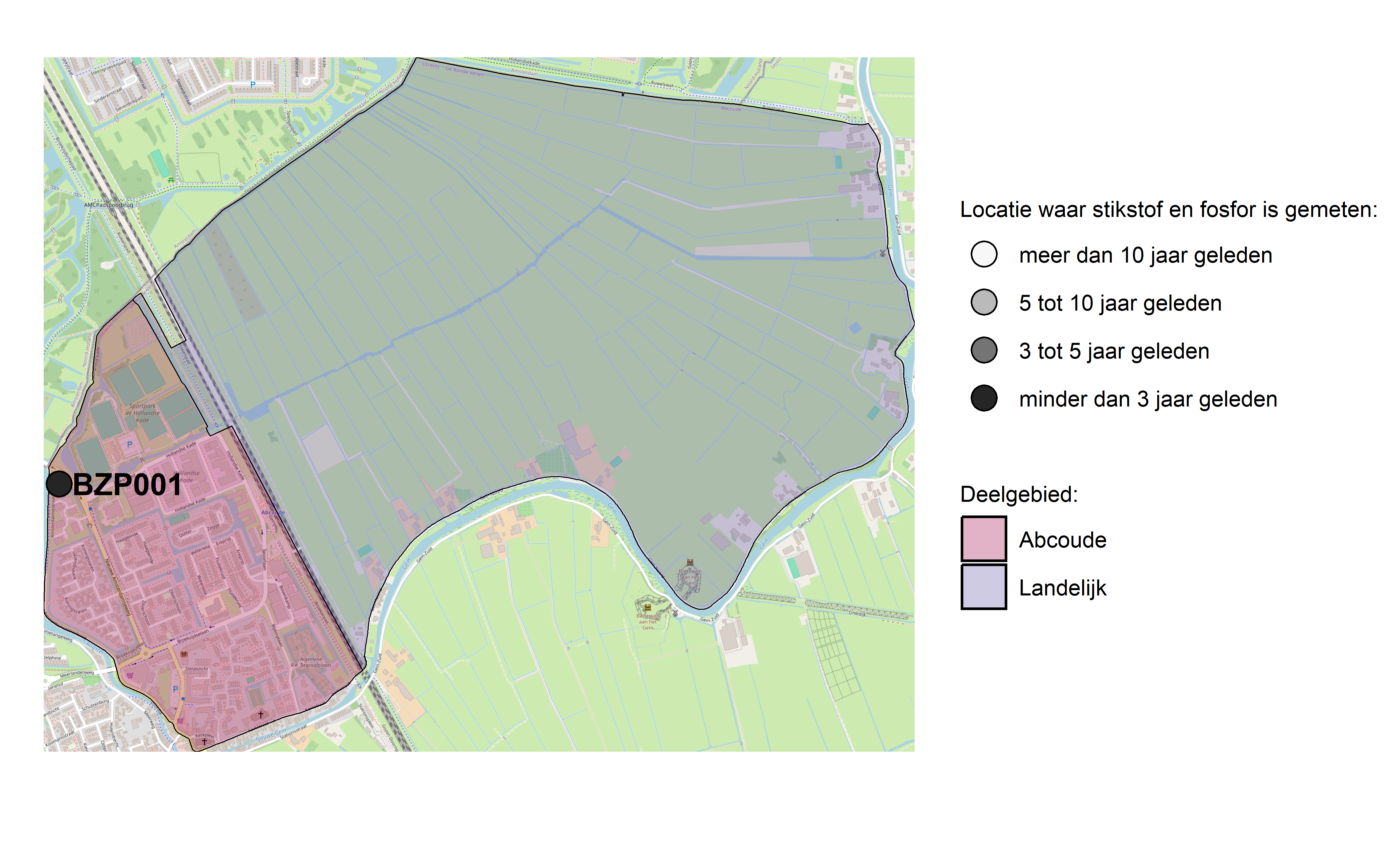 Figure 1: Kaart met meetlocaties waar stikstof en fosfor zijn gemeten. Het laatste meetjaar waarin een locatie is bemonsterd, is weergegeven in verschillende tinten grijs.