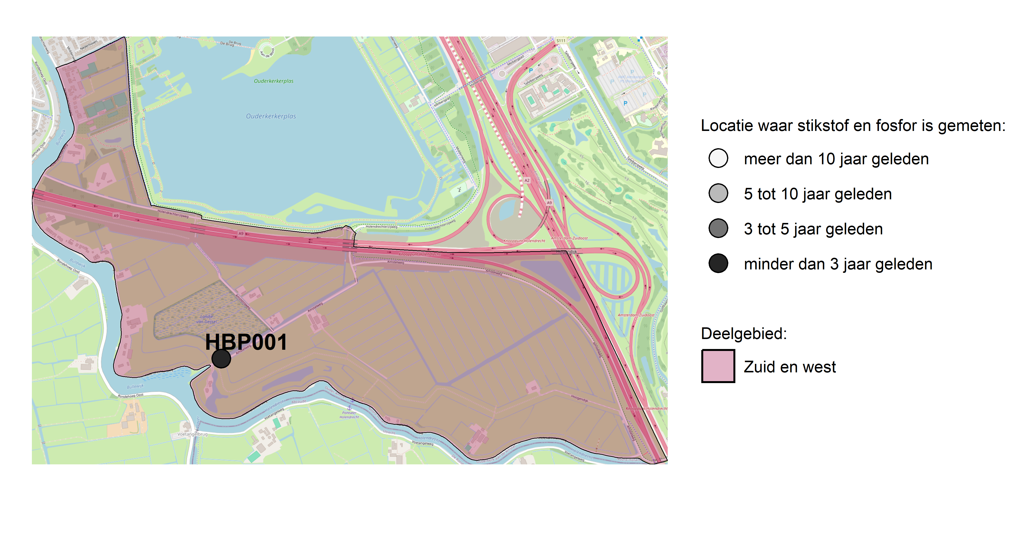 Figure 1: Kaart met meetlocaties waar stikstof en fosfor zijn gemeten. Het laatste meetjaar waarin een locatie is bemonsterd, is weergegeven in verschillende tinten grijs.