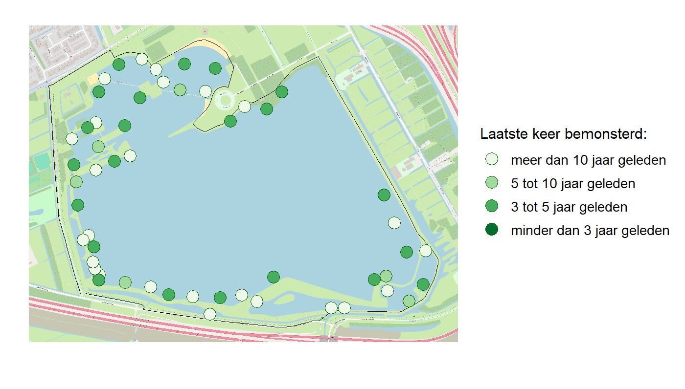 Kaart met meetlocaties waar waterplanten worden gemeten (groene stippen). Het laatste meetjaar waarin een locatie is bemonsterd is weergegeven in verschillende tinten groen.