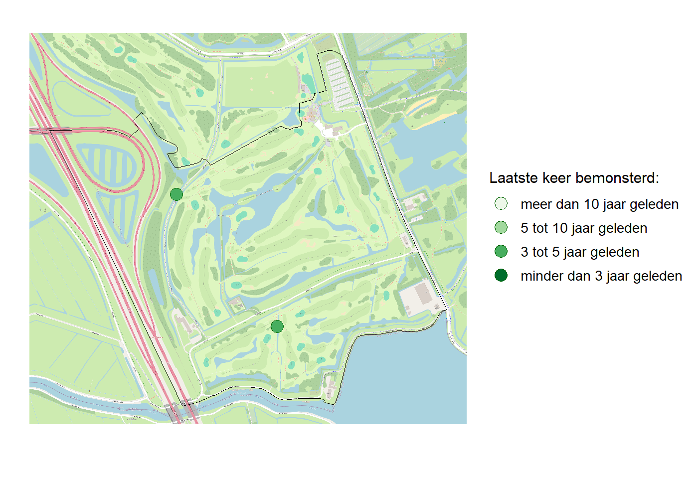 Kaart met meetlocaties waar waterplanten worden gemeten (groene stippen). Het laatste meetjaar waarin een locatie is bemonsterd is weergegeven in verschillende tinten groen.