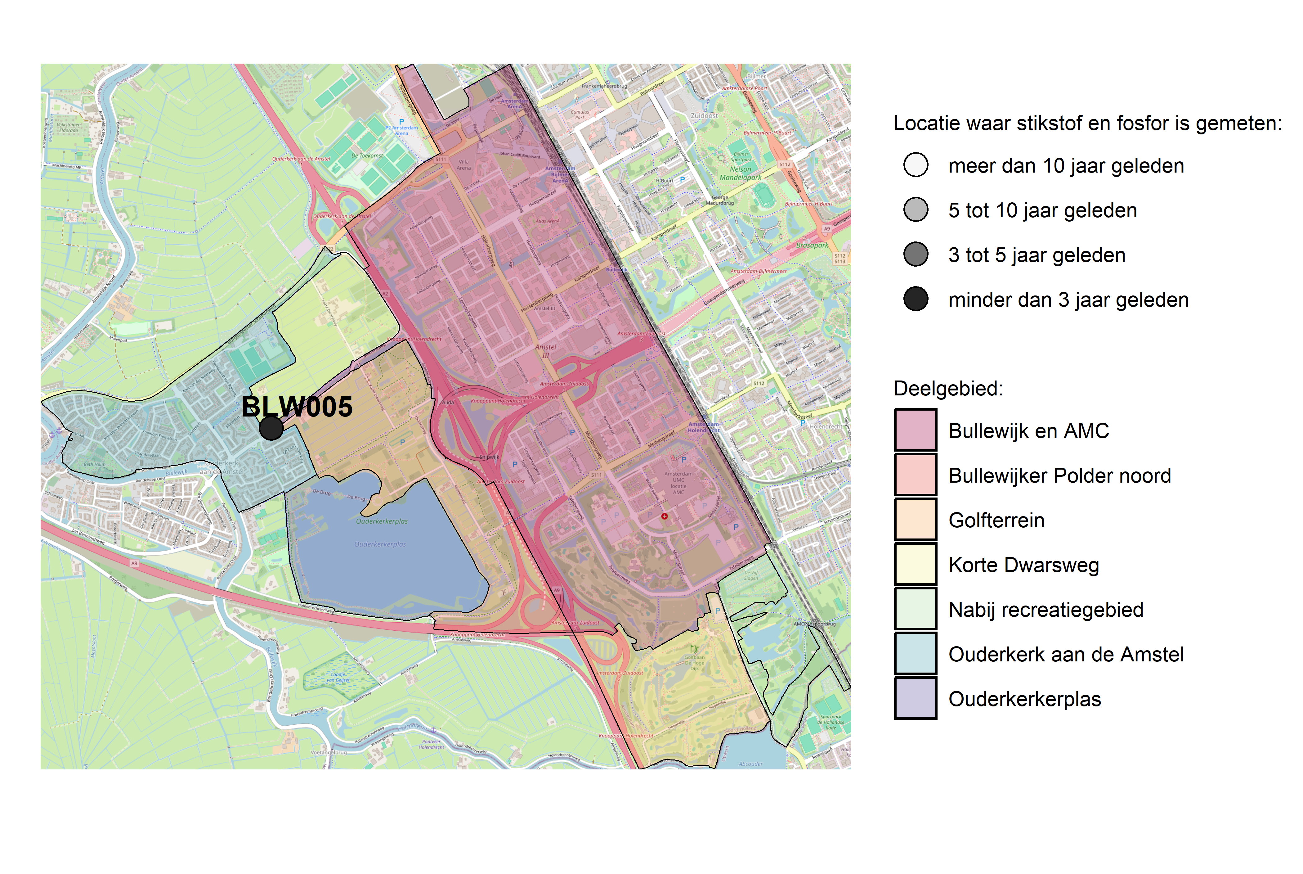 Figure 1: Kaart met meetlocaties waar stikstof en fosfor zijn gemeten. Het laatste meetjaar waarin een locatie is bemonsterd, is weergegeven in verschillende tinten grijs.